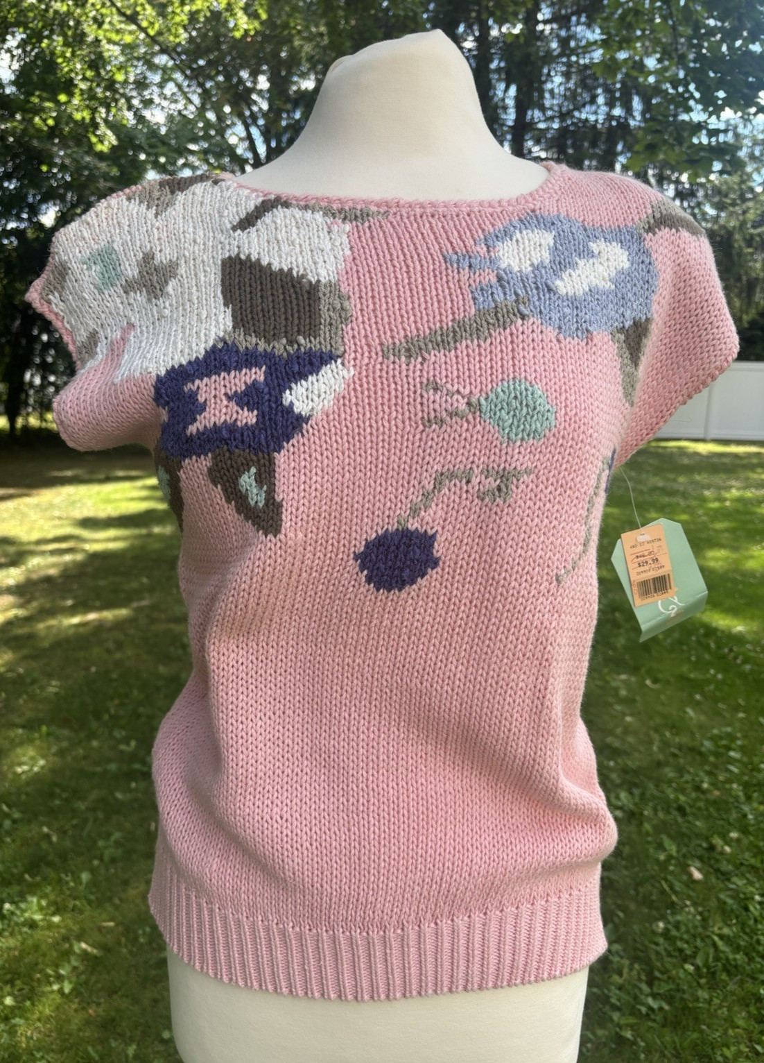 NOS 1980’s Kera & Co. Pink Floral Knit Capped Sleeve Summer Sweater/Top With Tag