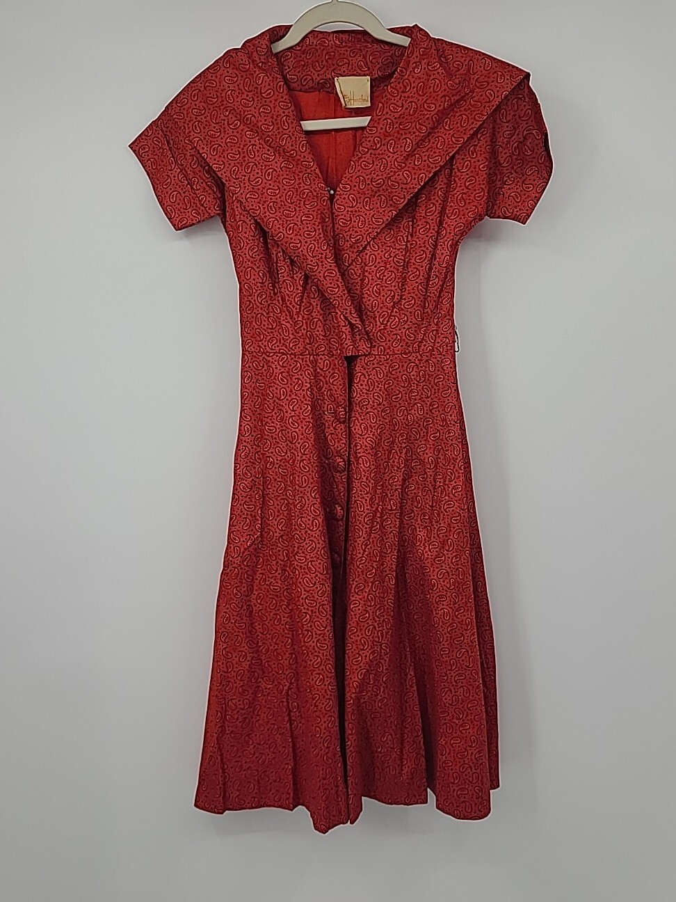 Vintage 1930s Day Dress, Betty Hartford, Red & Black Paisley Print, Rockabilly