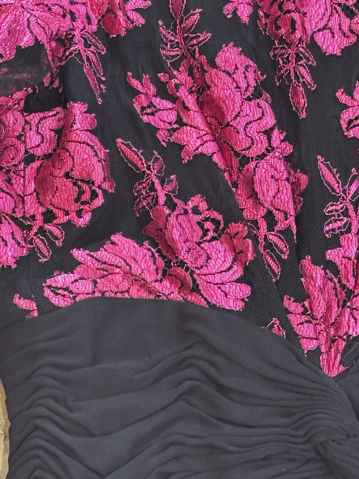 VTG Jill Richards French Lace Gown Dress Pink Midi Black 80s Ruched Size 6 8