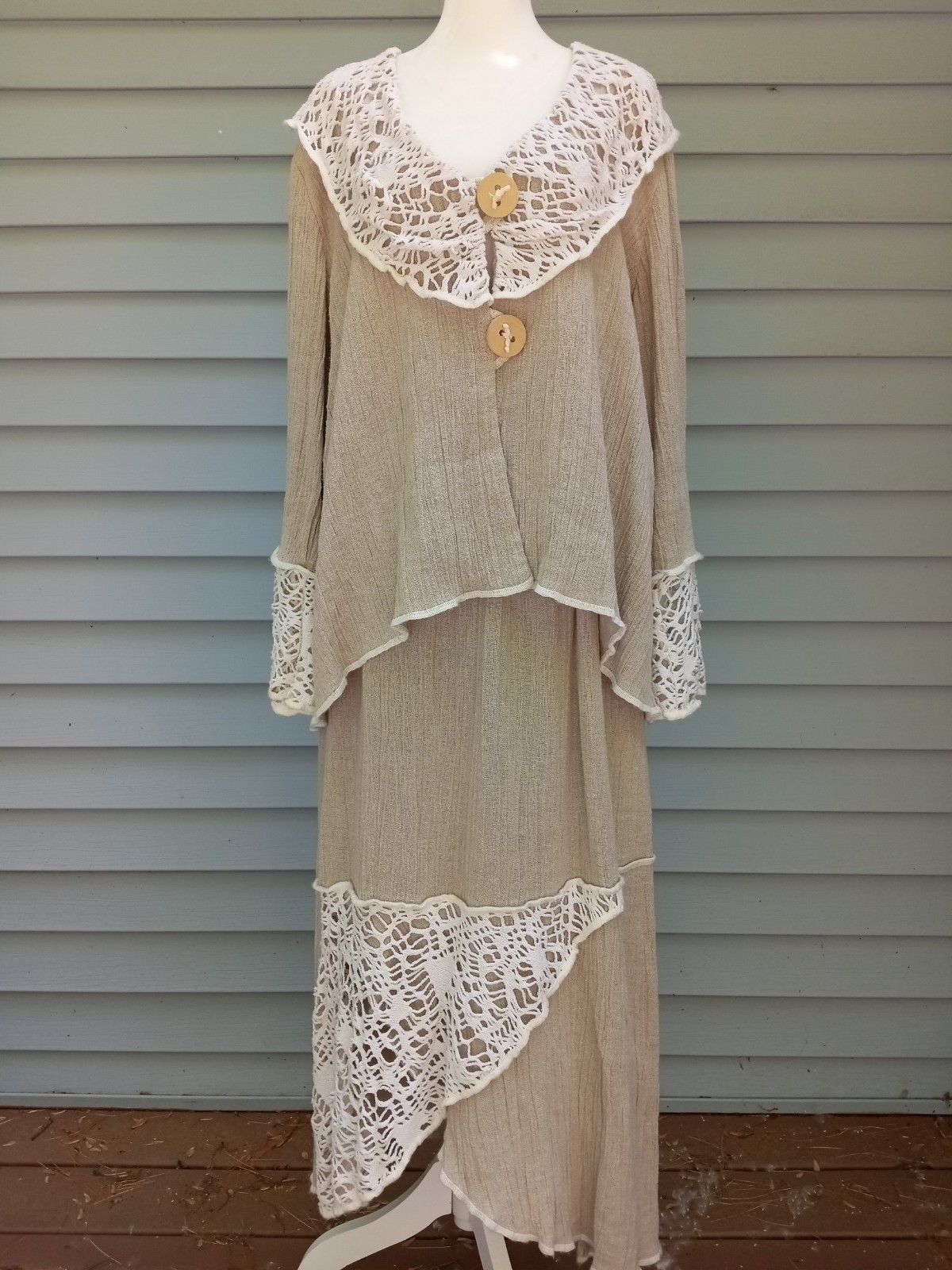 VTG EU SKIRT SUIT CRINKLED LINEN CROCHET BOHO HIPPIE PEASANT OVERSIZED fits L-XL