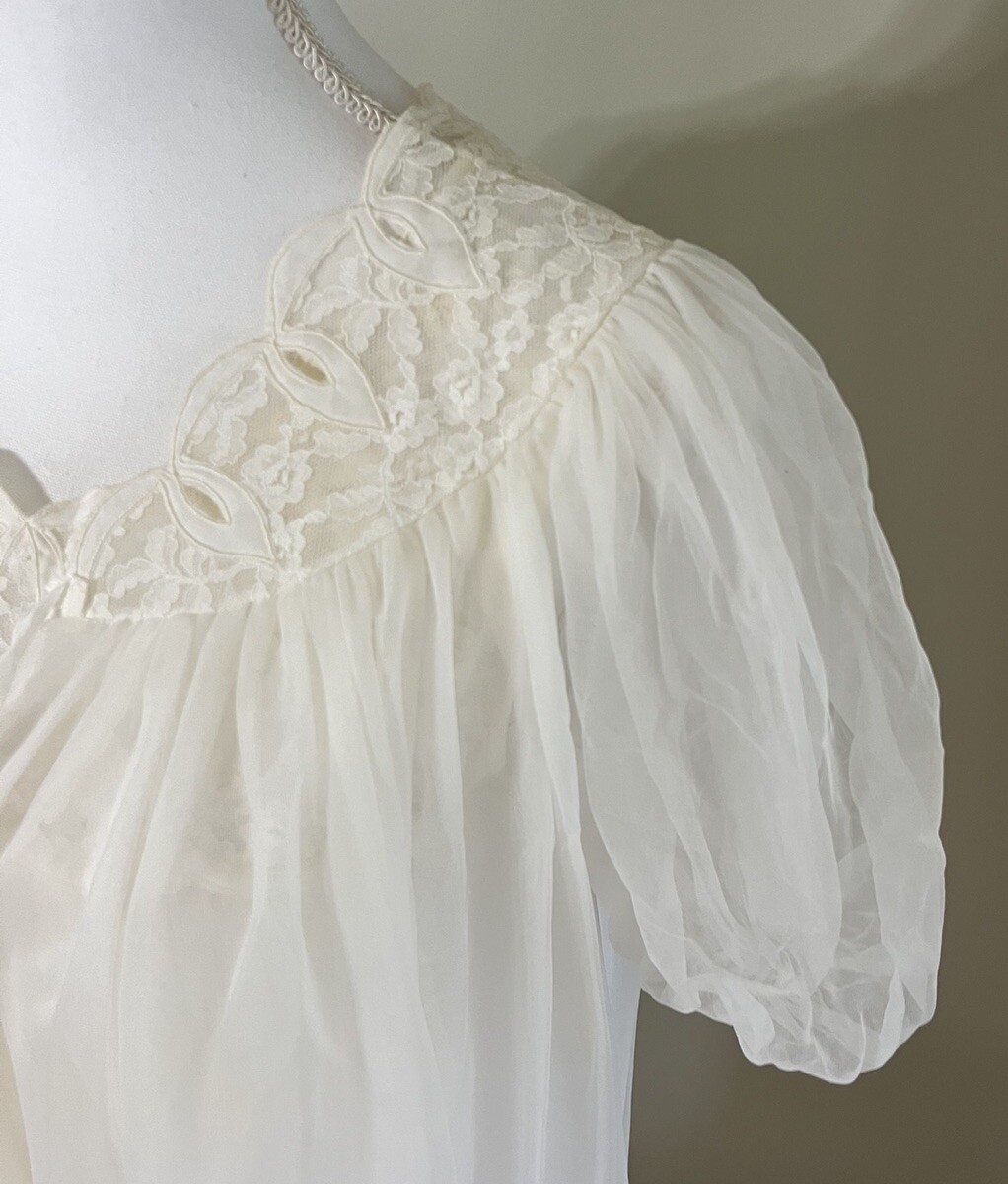 Vintage Avian Peignoir Nightgown And Robe Set White Lace Trim Sheer Small Nylon