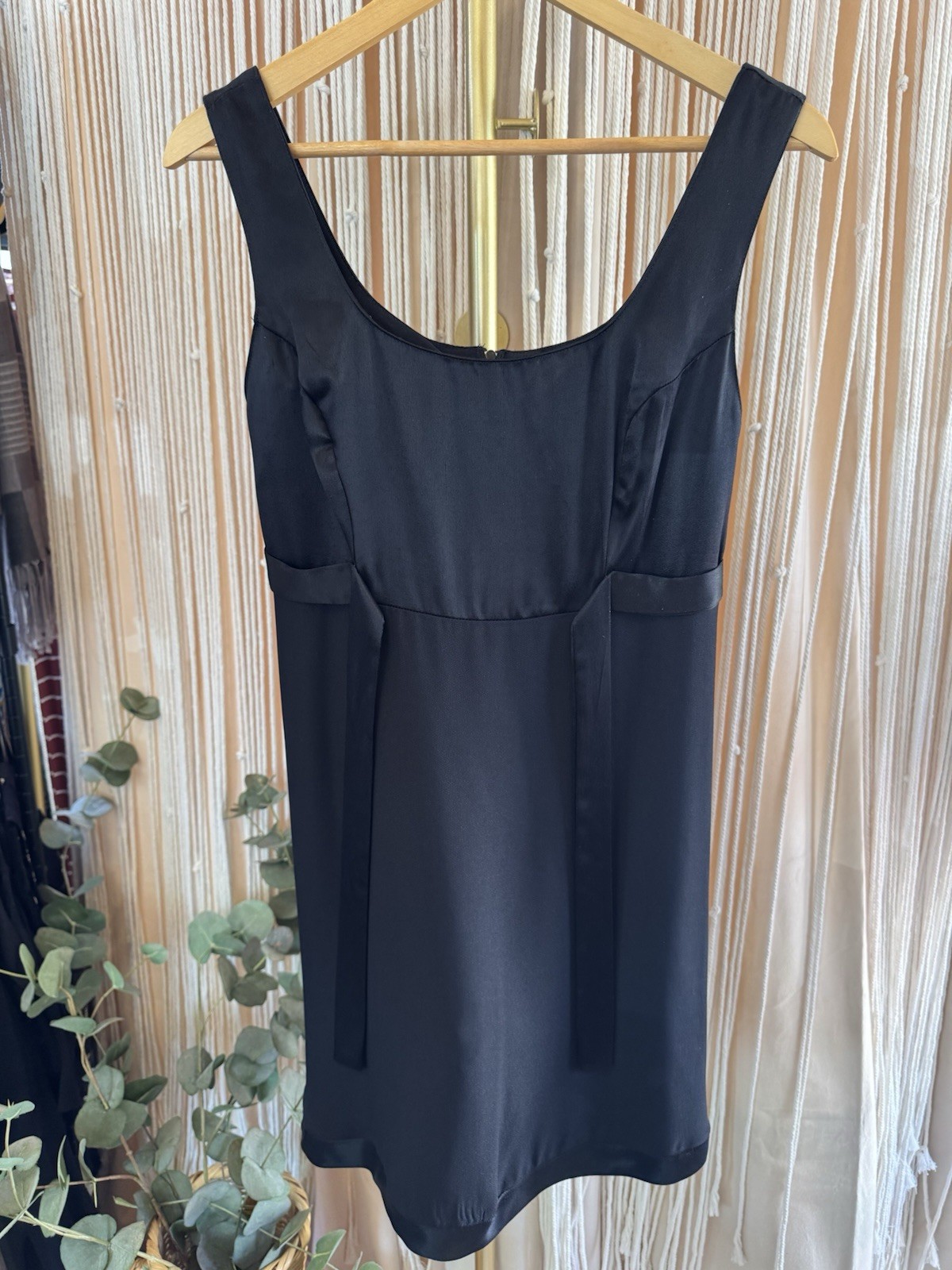 VTG 90s/Y2K LBD coquette black Empire Waist satin trim Dress Bow sleeveless mini