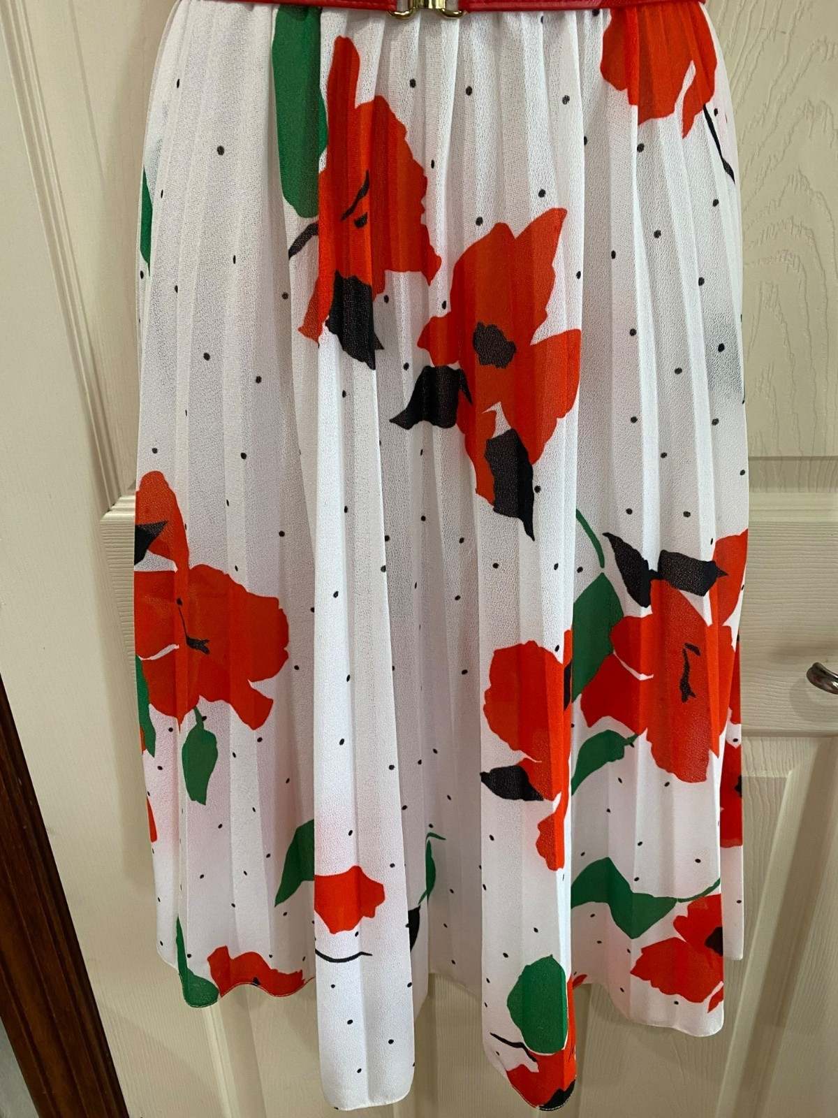 Vintage Haggar’s Women’s Wear Floral Polka Dot Pleated Midi Dress White Red Gree