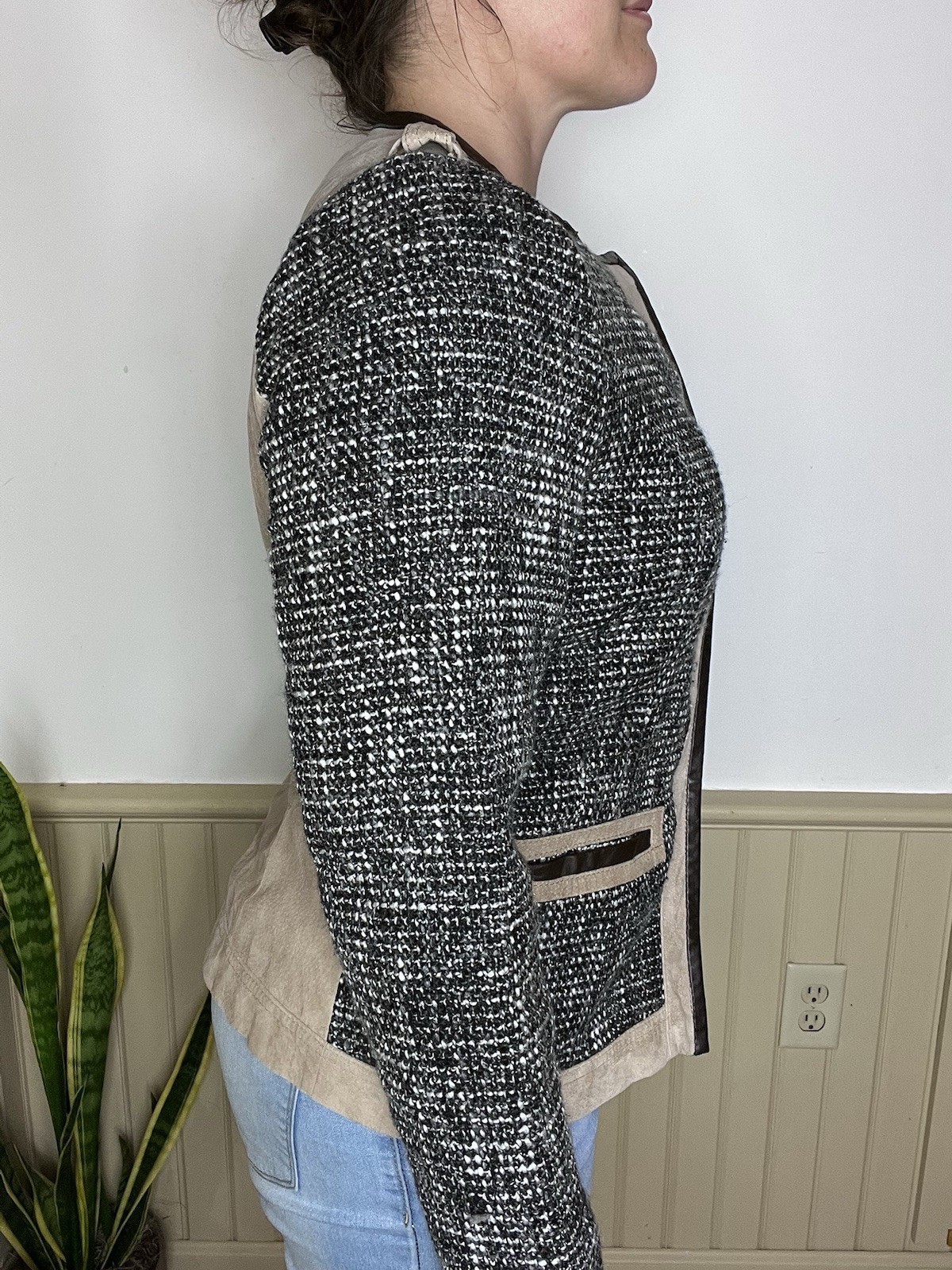 Bradley Bayou Vintage Gray Tweed Tan Leather Varsity Jacket Women’s Size S