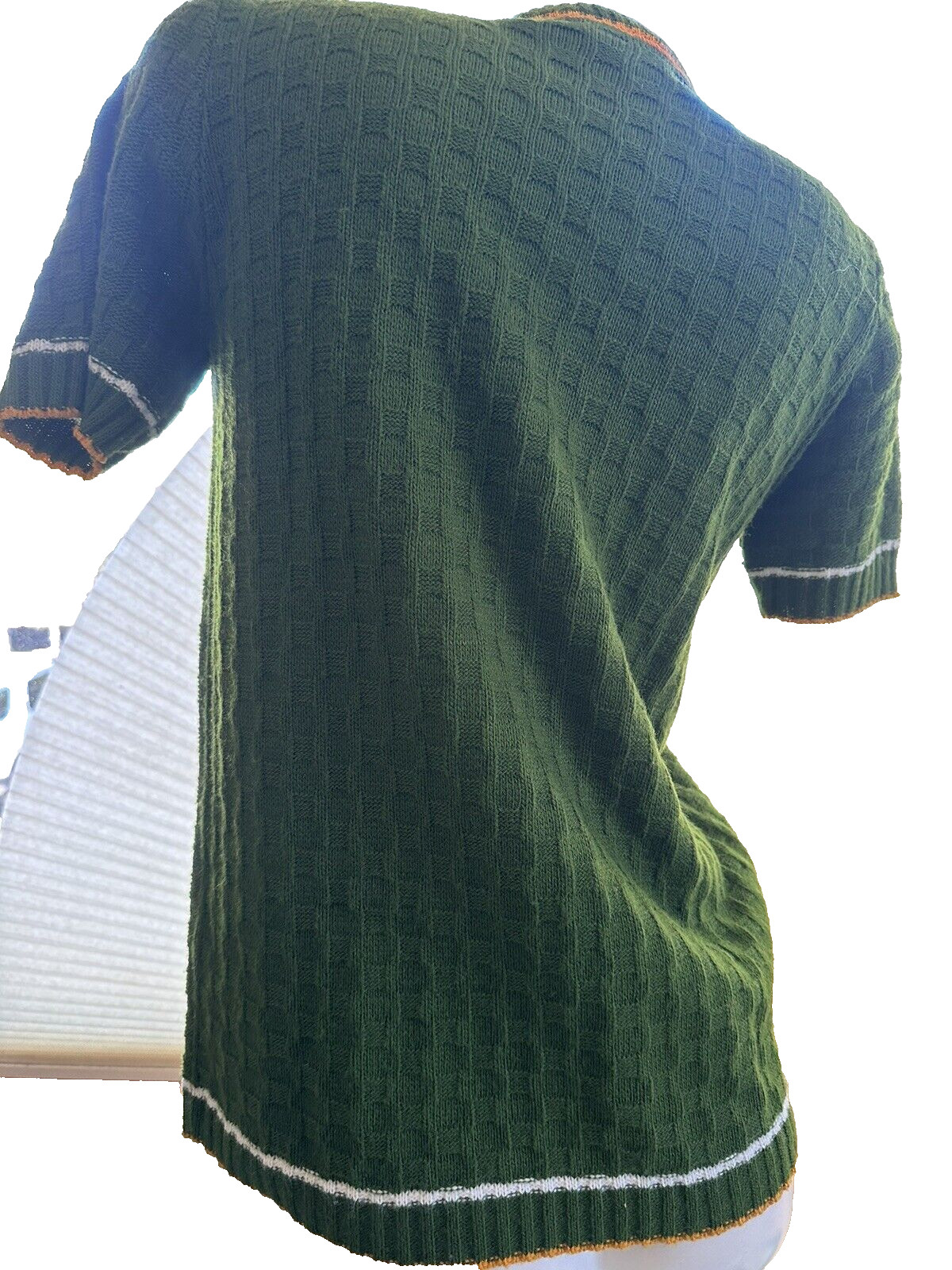 Vintage Banded Neck Acrylic Sweater Junior L 1960s 70s Scoop Green Basketweave