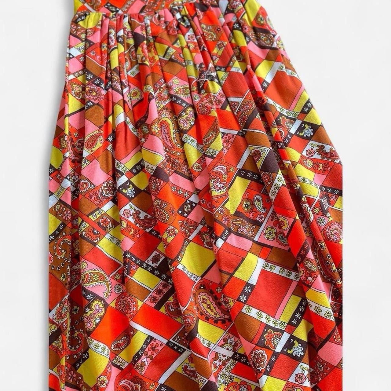 Vintage Retro 60s 70’s Polyester Paisley Orange Yellow Pink Brown A-Line Skirt