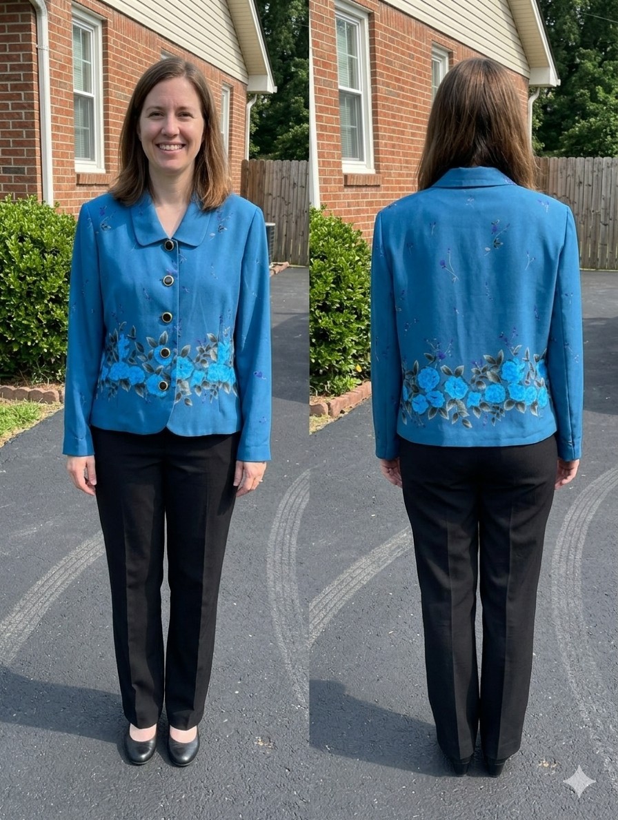 Leslie Fay Vintage 90s Blue Floral Blouse Blazer Jacket Shoulder Pads Petite 14P