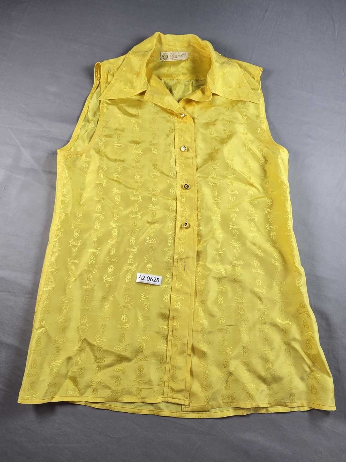 Vintage 1970’s Gucci Women’s Yellow 100% Silk Blouse Sleeveless with Collar