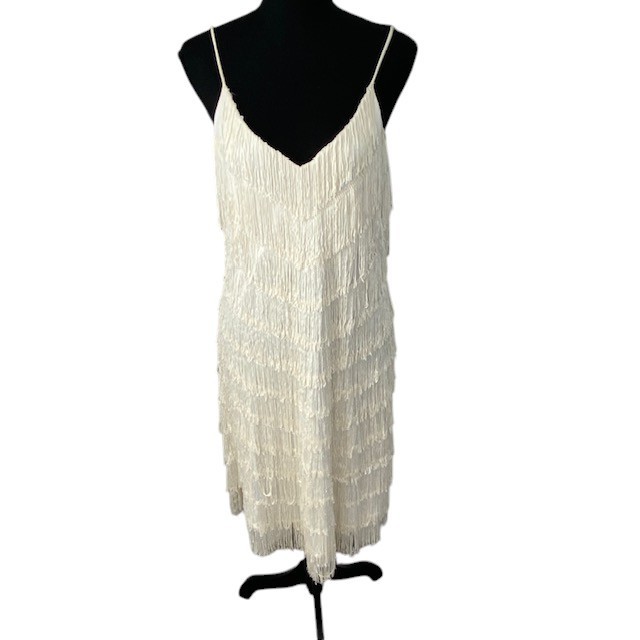VINTAGE 70s Joy Stevens Ivory Fringe Flapper Gatsby Dress Sz 12