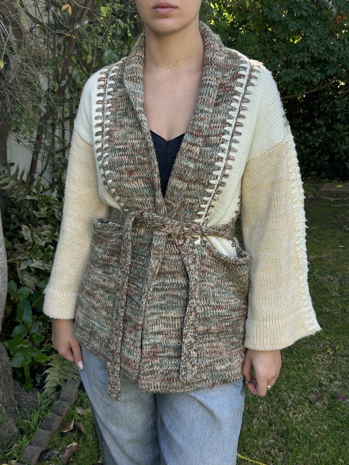 Vintage 70s Sirocco M Cotton Blend Heavy Knit Wrap Cardigan Sweater Boho Hippie