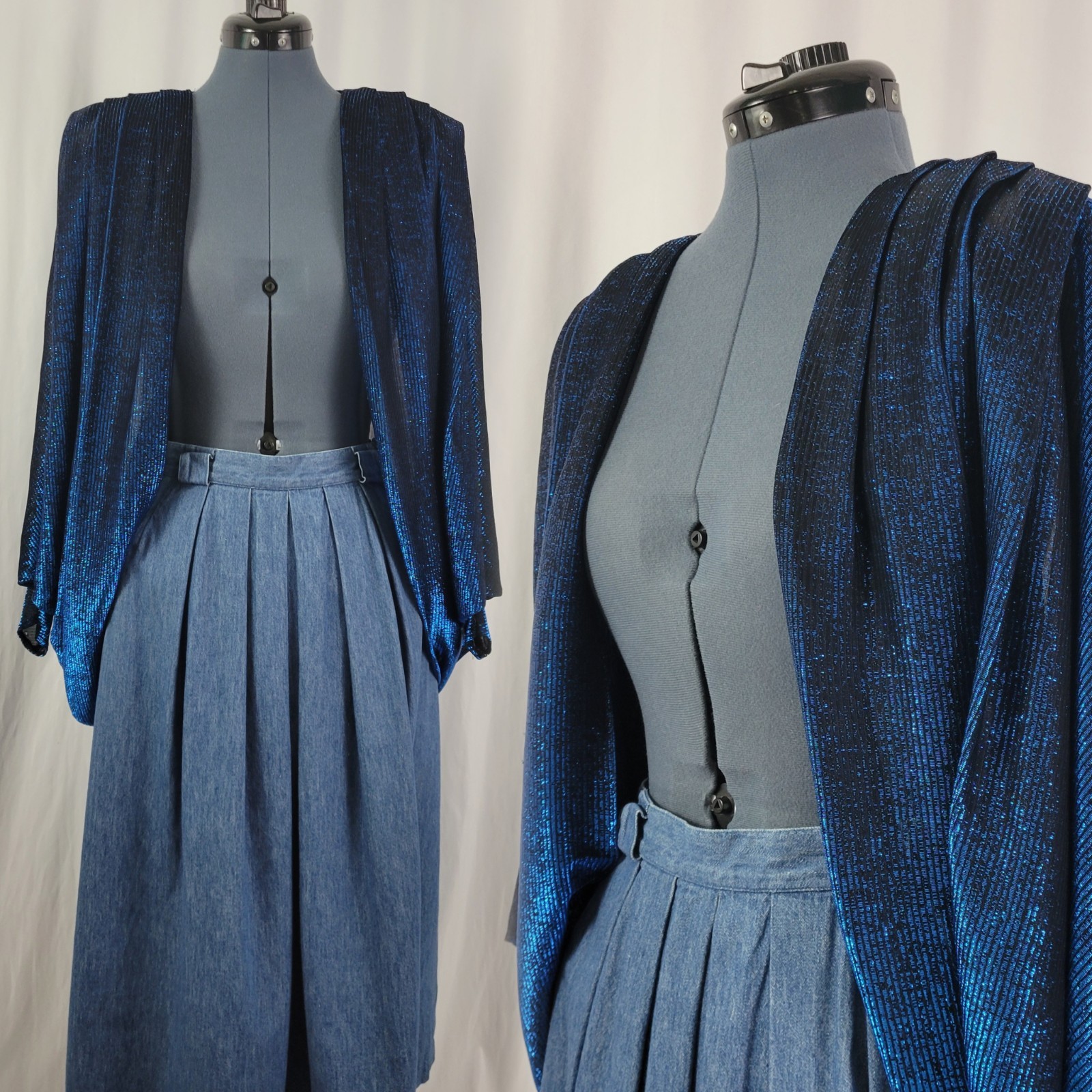 Vintage Blue & Black Metallic Ribbed Open Front Jacket/Cardigan Size 11/12