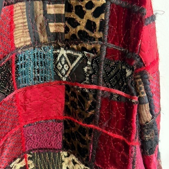 Chico’s Design Red Patchwork Silk Blend Open Front Jacket Boho Vintage Style