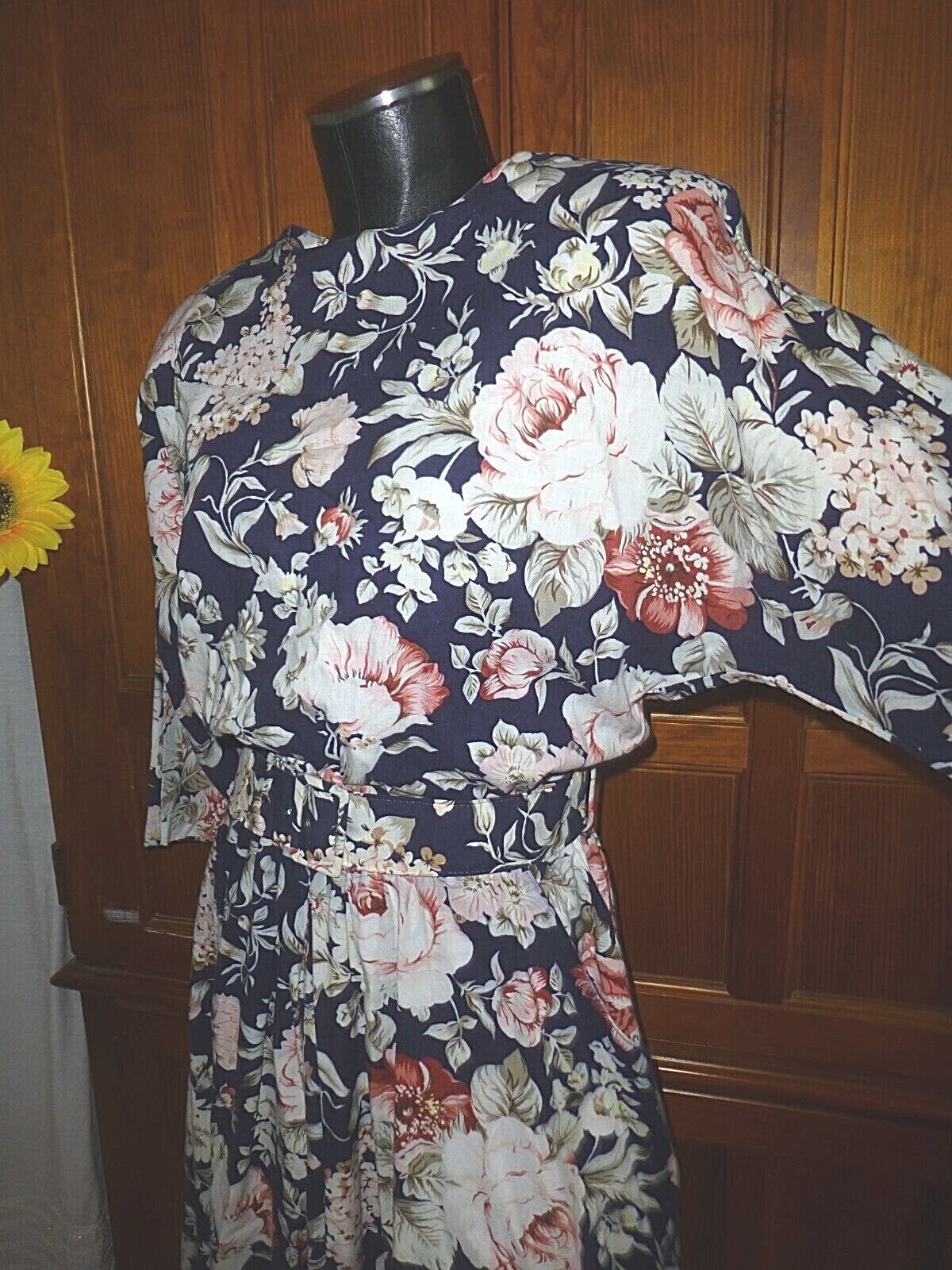VTG 80s Floral Garden Print Cotton Boho Country Batwing Slv Midi belted DRESS M