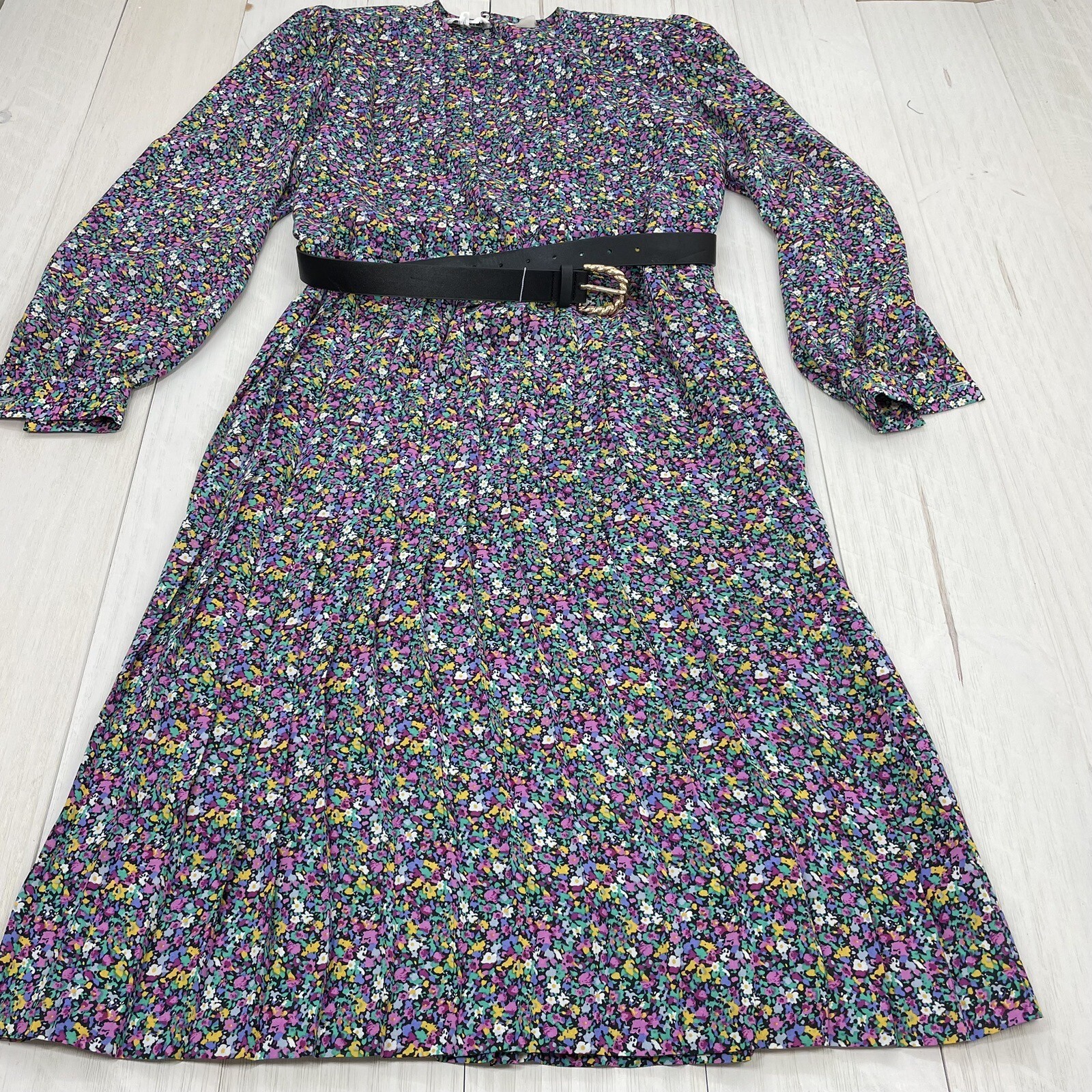 80’s Vintage Dim The Lites Multi Floral Chiffon Classy Belted Pleat Dress 12