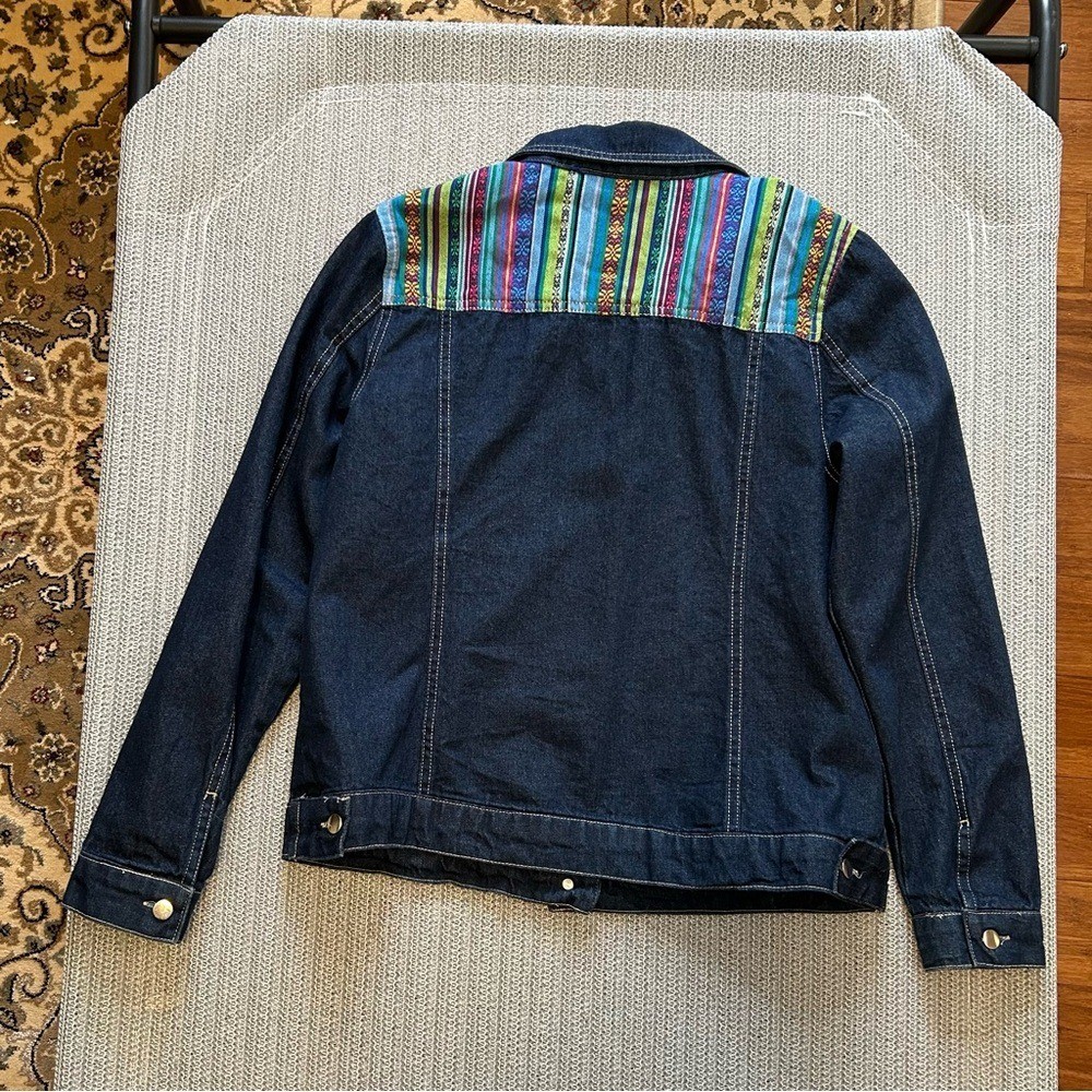Tantrums Denim Jacket Small Boho Embroidered Aztec Tribal Print Trim Jean