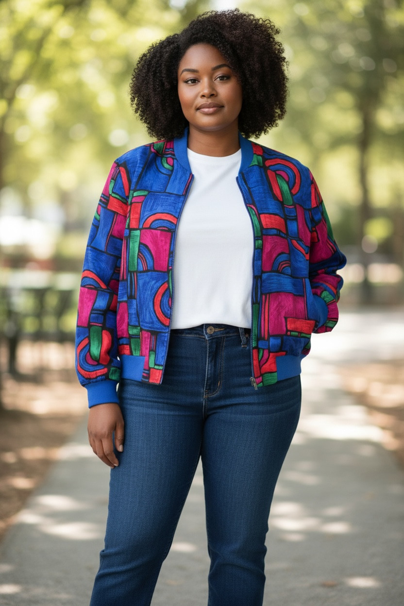 Vintage 80s Teddi Abstract Geometric Bomber Jacket Colorful Retro Art Print L