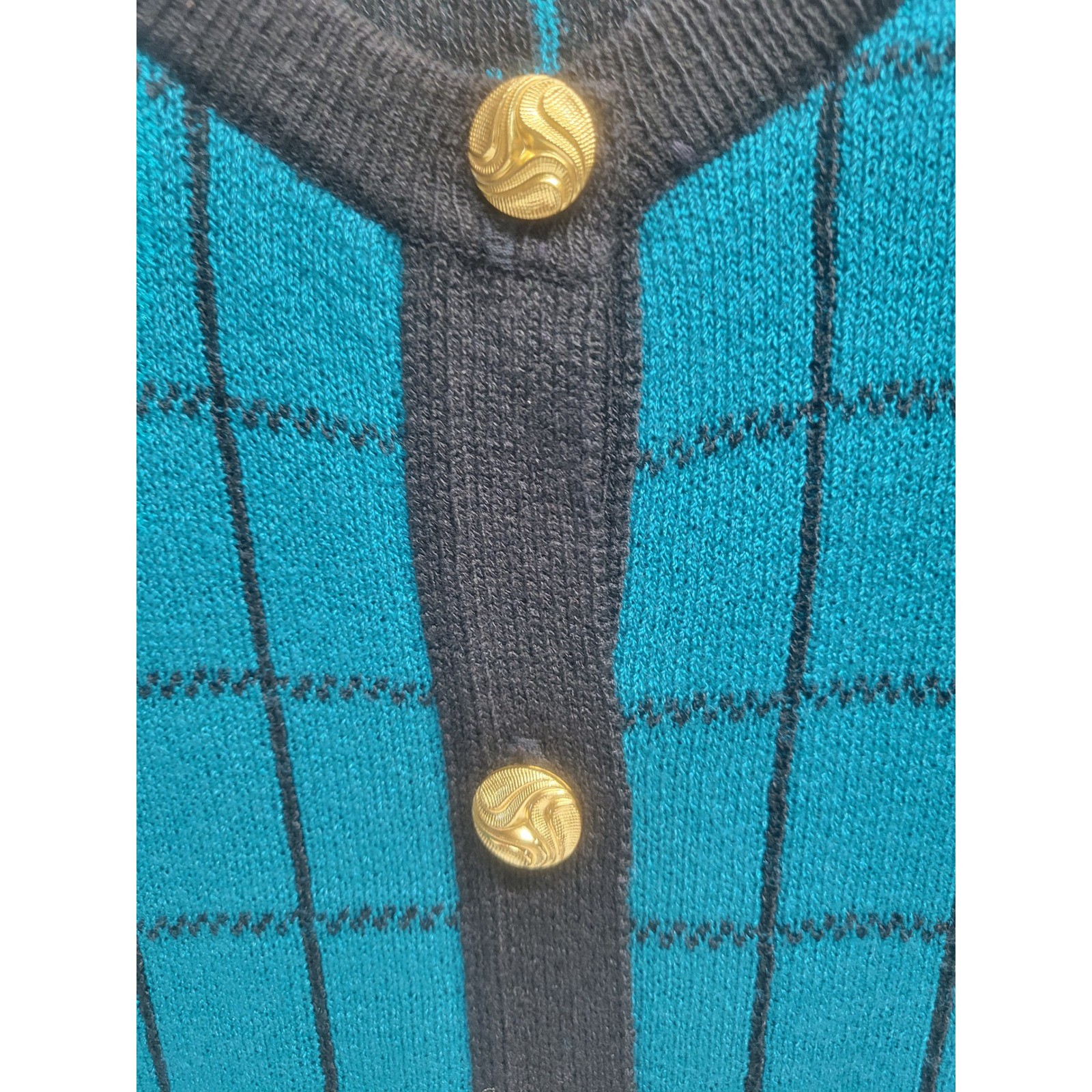 Vintage Laura by Alyzia Teal Black Grid Cardigan Sweater Gold Buttons USA Made