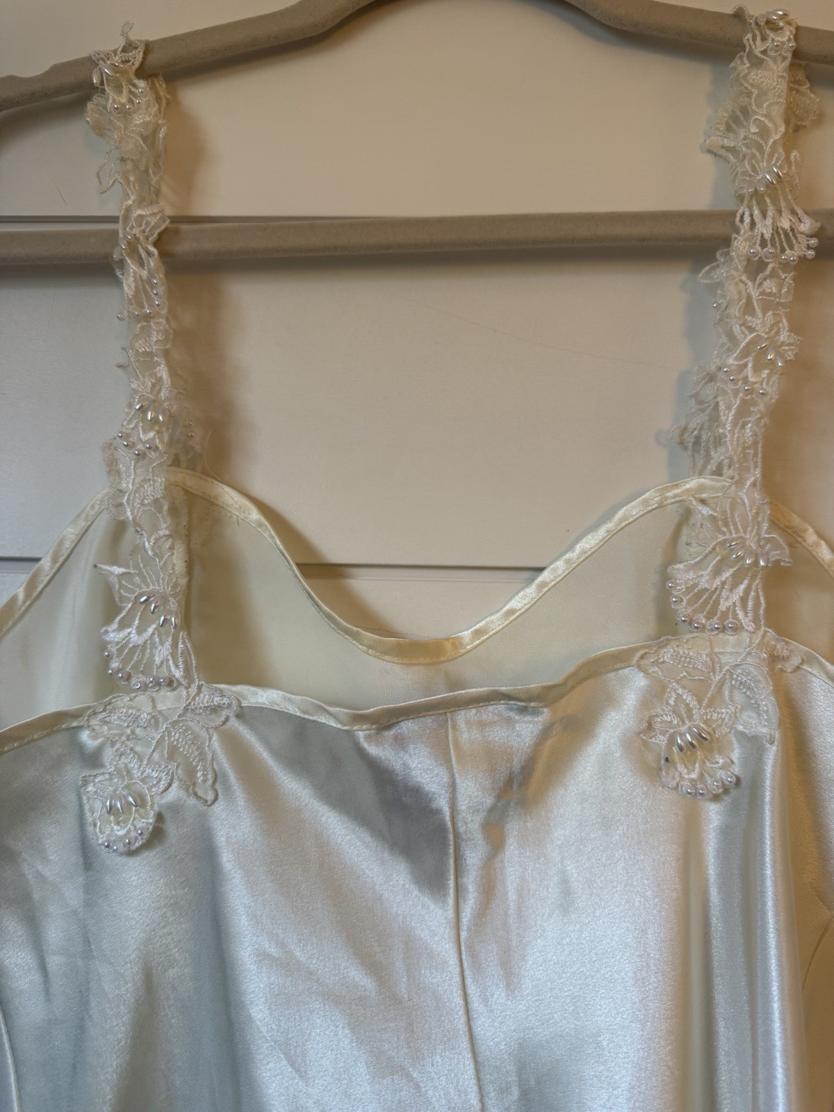 Ivory Satin Lace Slip Regular Size Pearl Lace Straps Sleepwear Lingere