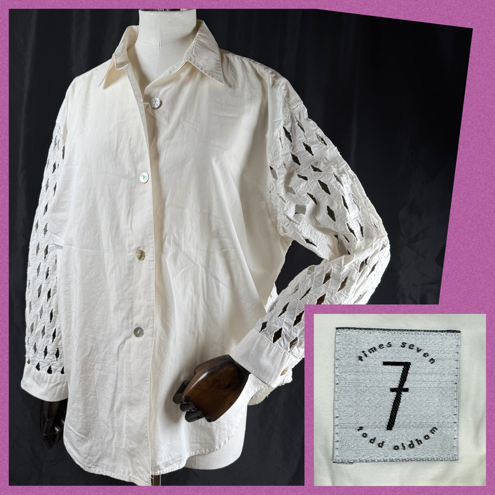 Vtg Times Seven Todd Oldham Women’s Small Shirt White Mother Of Pearl Lattice