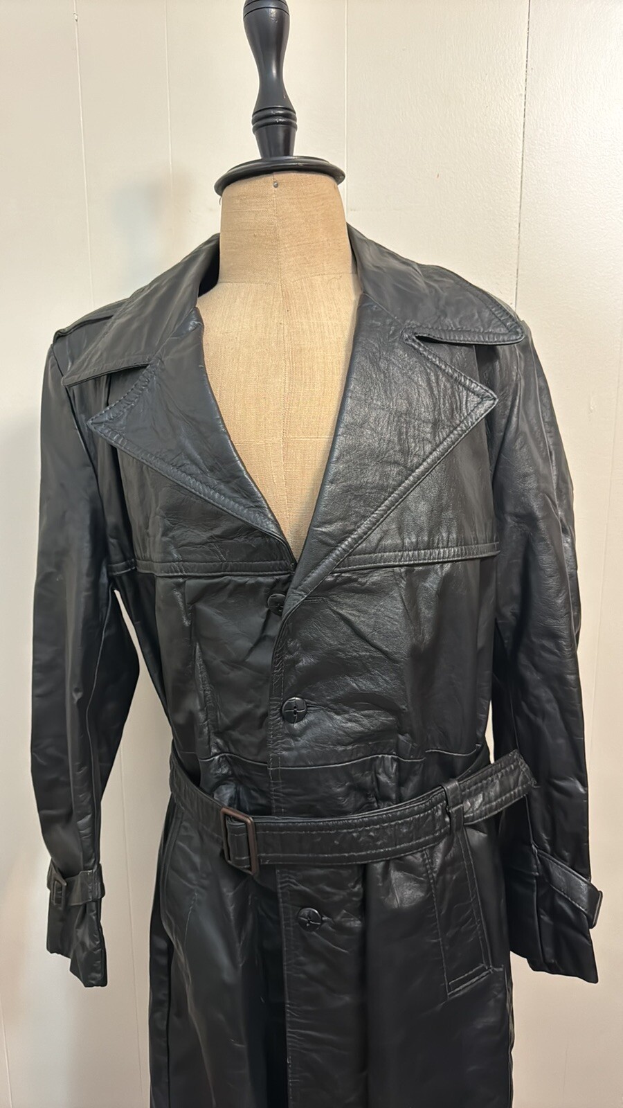 Leather Coat Made In Argentina Vintage Long Trench Black Lined Mob Wife Med