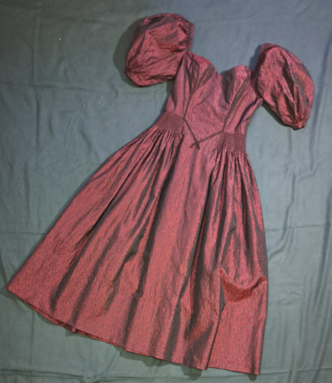 Vtg Edwardian Revival Gothic Burgundy Dress S C-D Bust Silk Blend Puff Sleeves