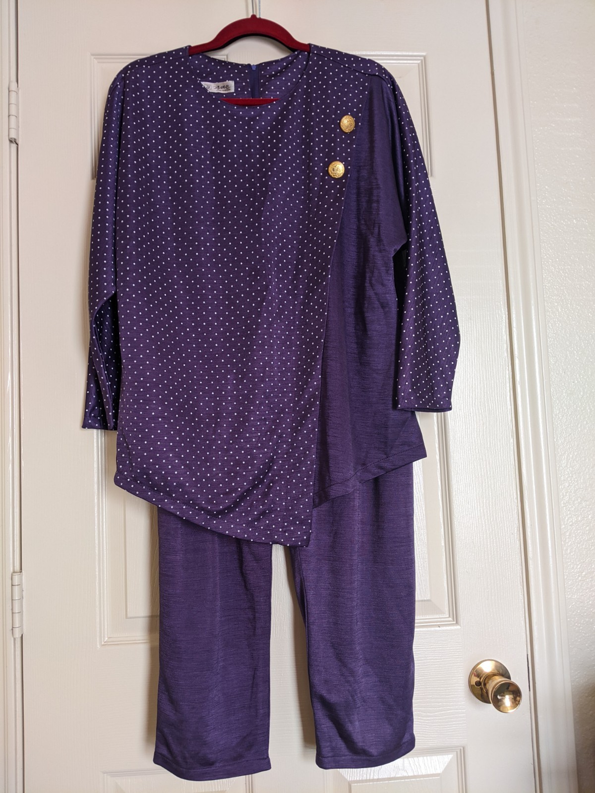 Vintage 1980s Korean Purple Pant Set Seoul Olympic Polka Dot Dolman 2 Piece