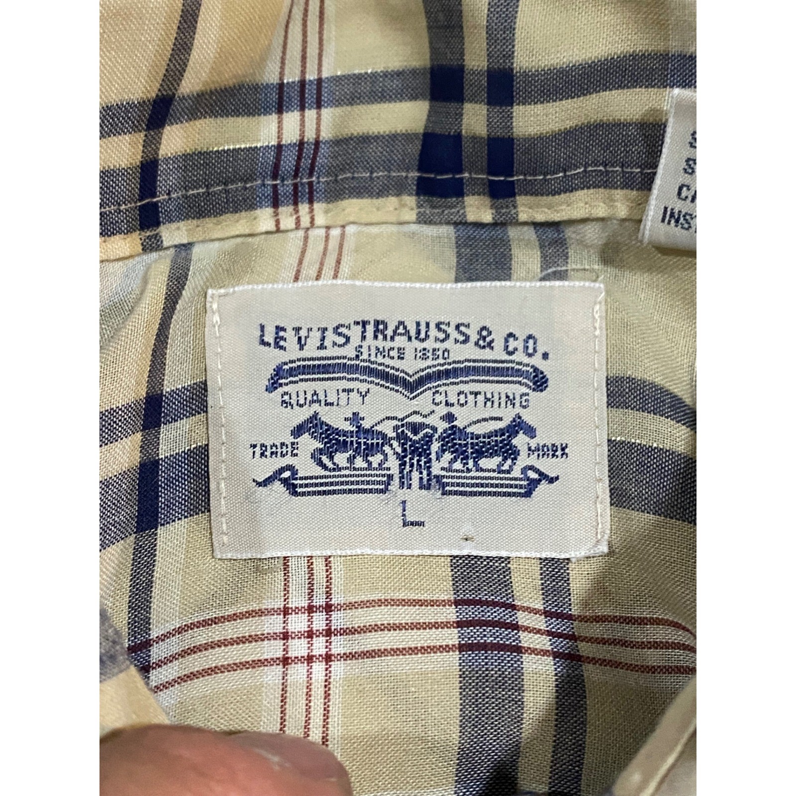 Vintage Levis Western Shirt Pearl Snap Plaid Gold Lurex Tan Navy Large Short Slv