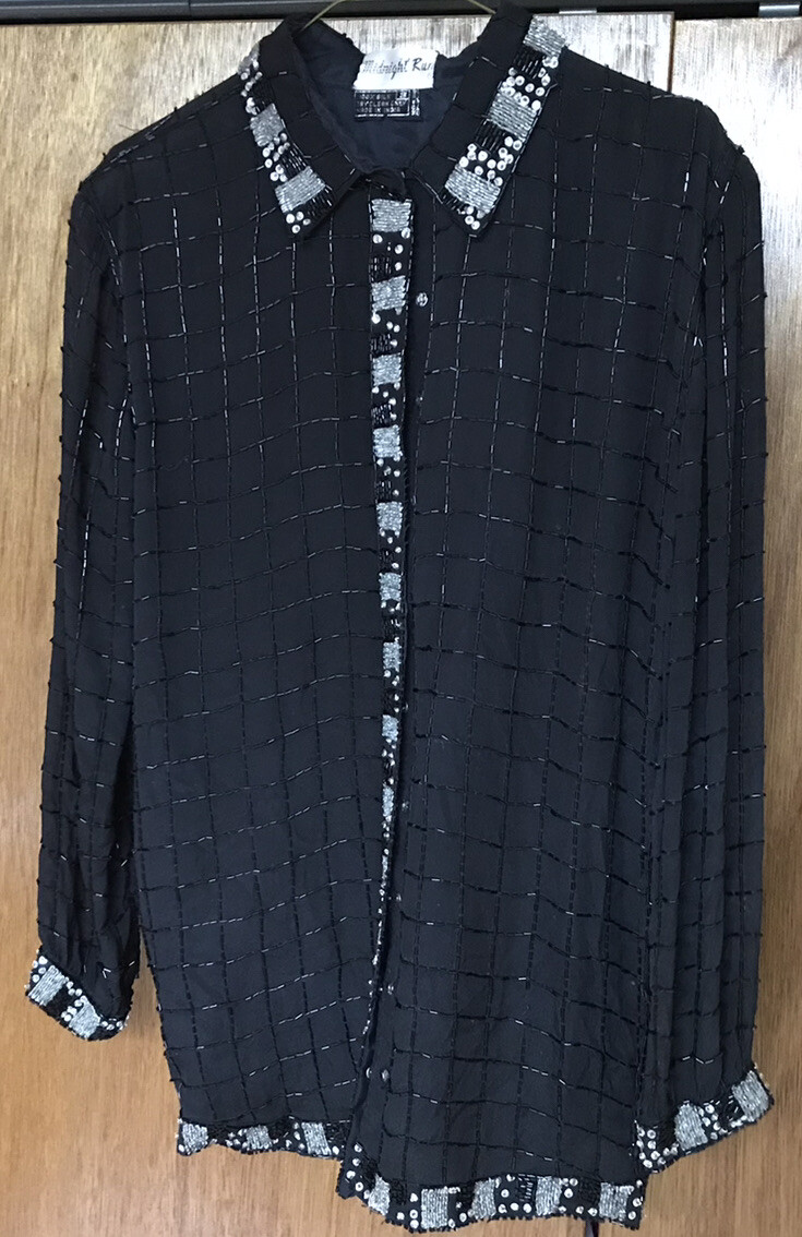 Vintage Silk Beaded Women’s Size Small Black Tunic By Midnight Run