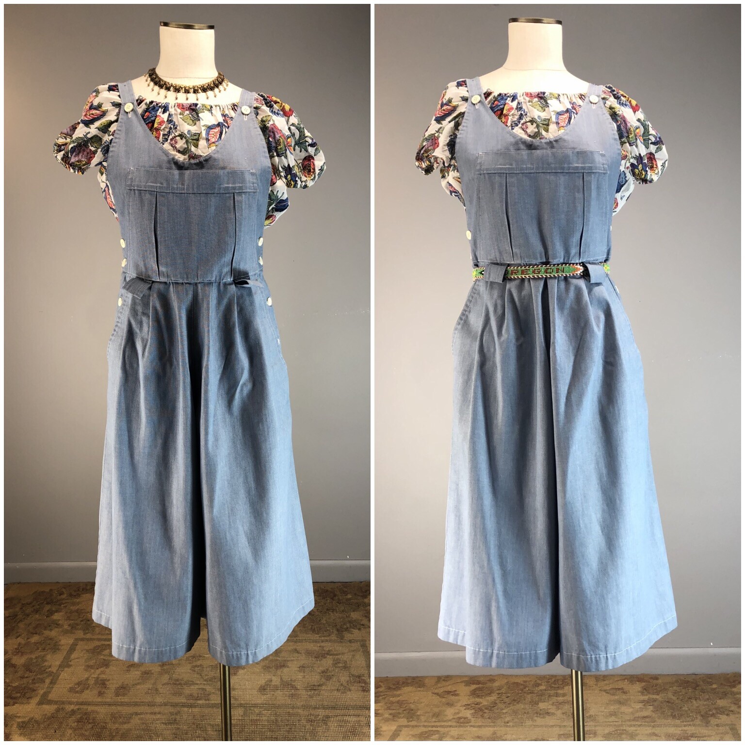 Vtg 70s Denim Jumpsuit Chambray Overalls Gauchos duz 40s Wide Leg M M-L 31 waist