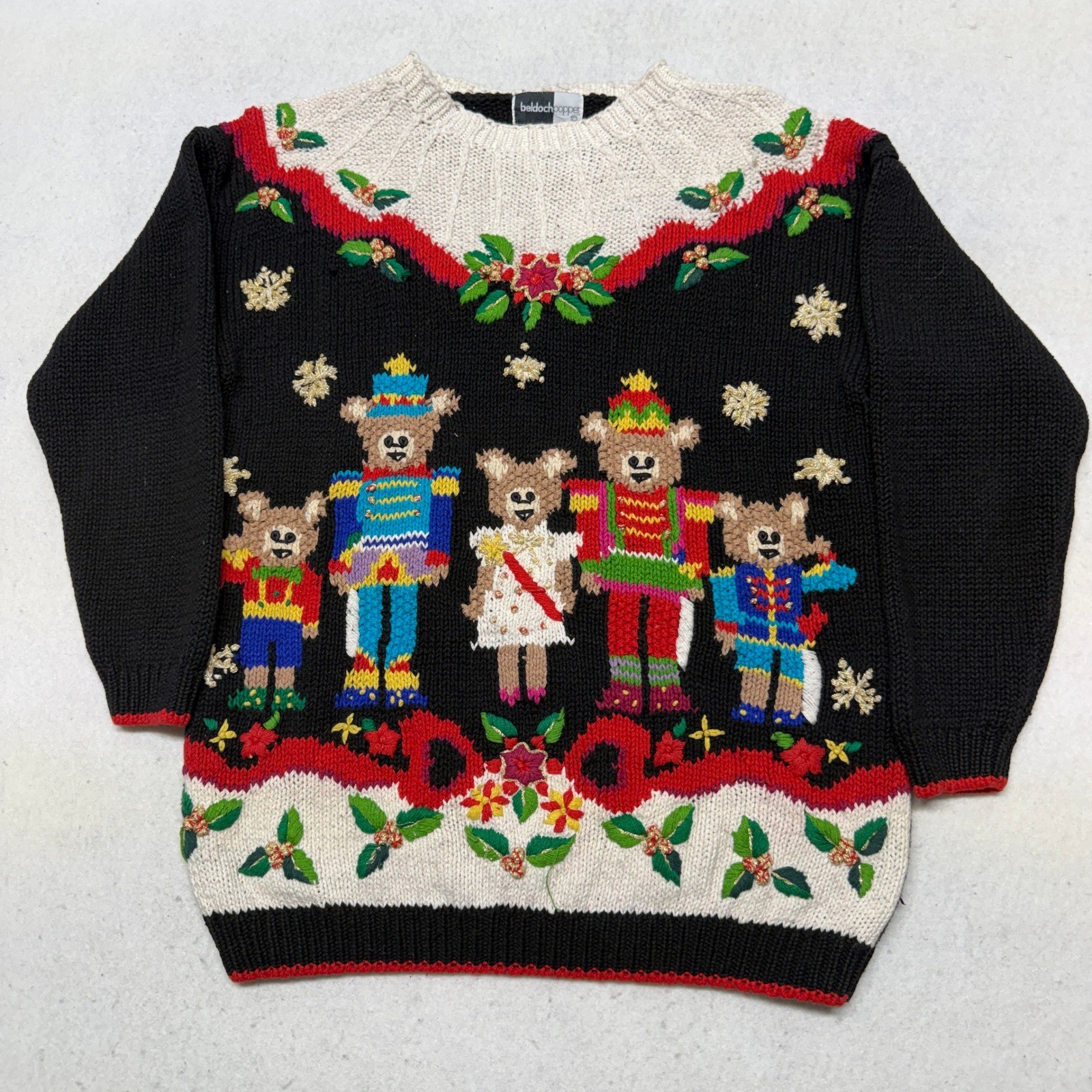 Vintage Beldoch Popper Nutcracker Bear Christmas Knit Sweater 90s Black Medium