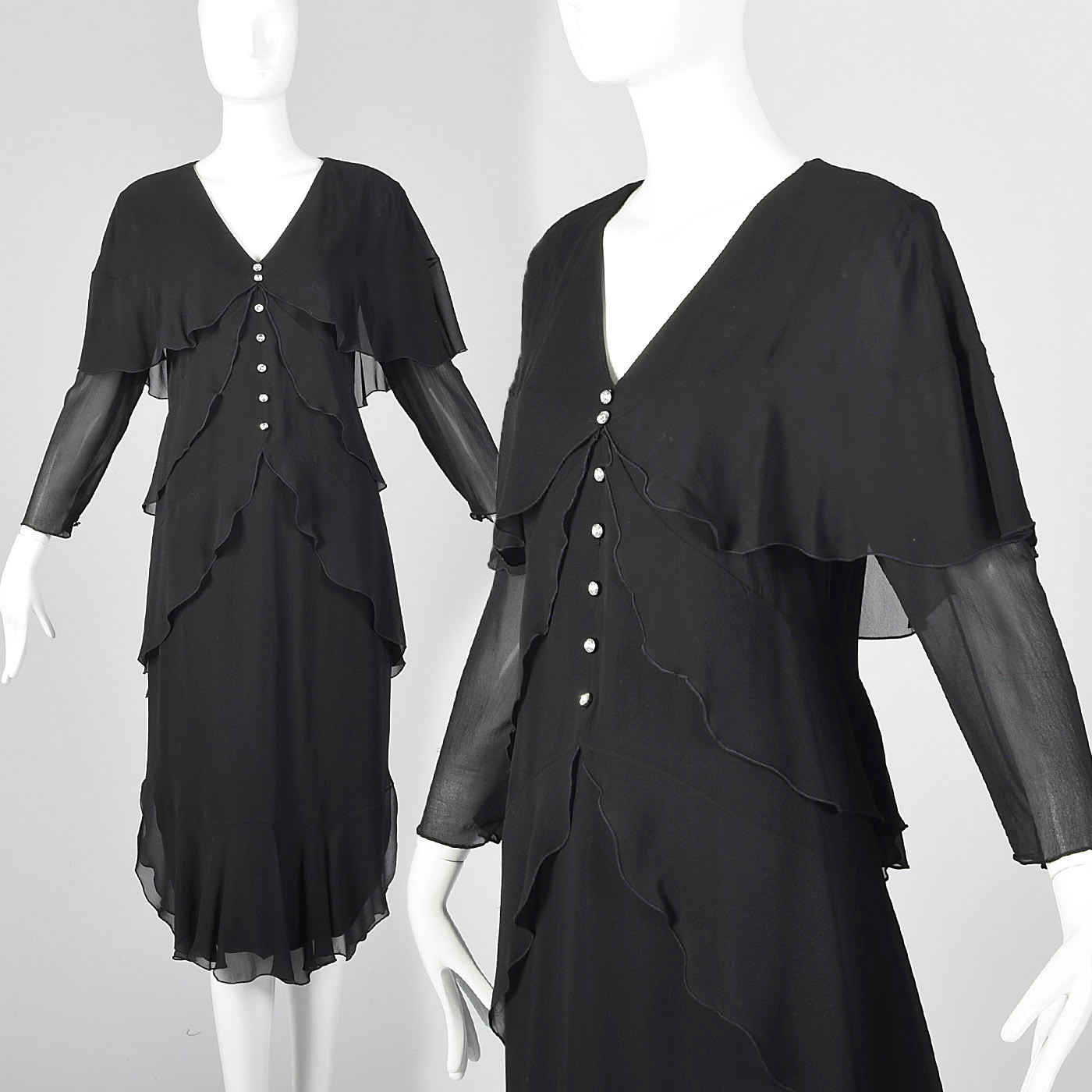 Small 1980s Holly’s Harp Tiered Silk Layer Dress Long Sleeves Cocktail Evening