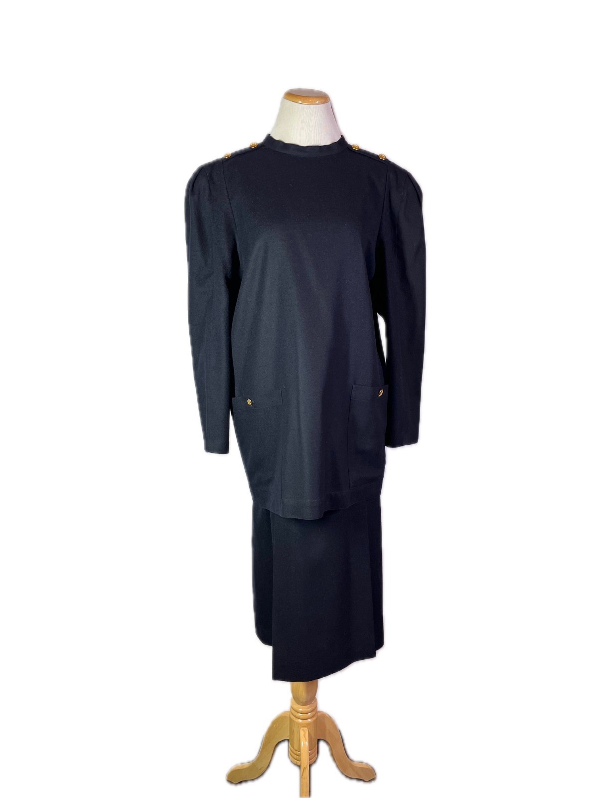 Vintage Louis Feraud Size 42 Navy Blue Wool Set Skirt Top