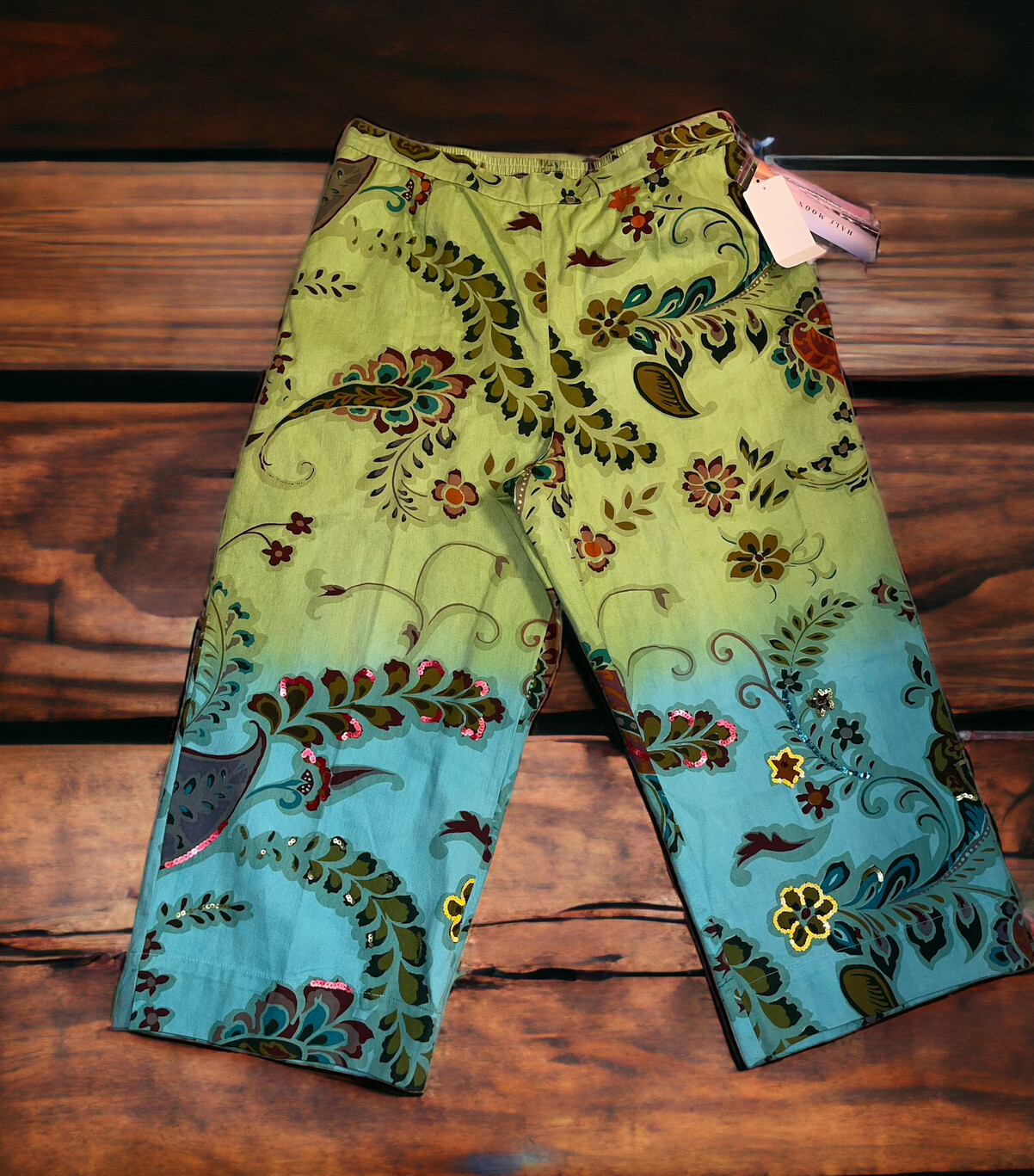 NWT Half Moon Bay Floral patterned Green Blue Ombre wide leg pants SIZE 16