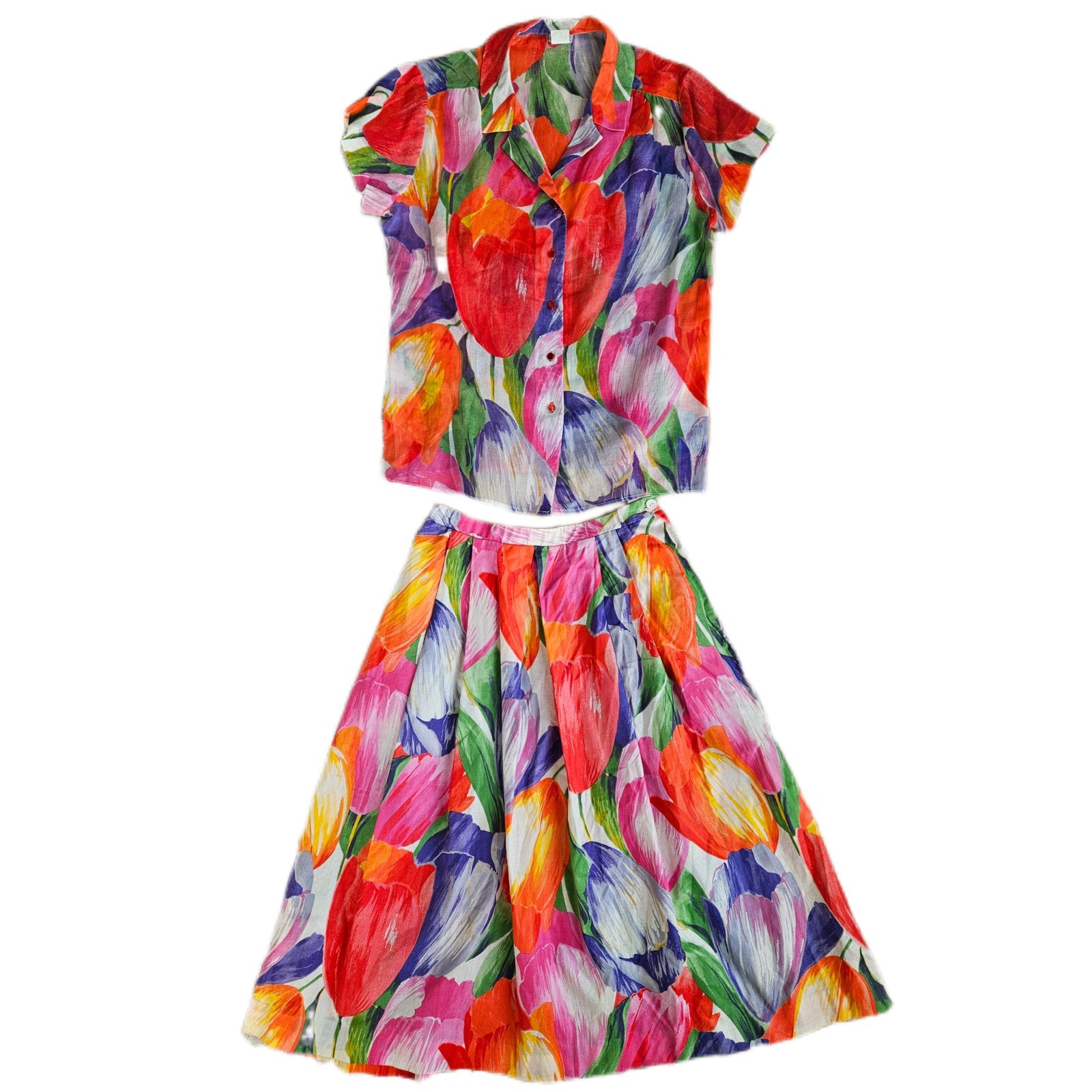 Vintage 70s Terry Chicago Tulip Print Two Piece Skirt Blouse Floral Set Size 12