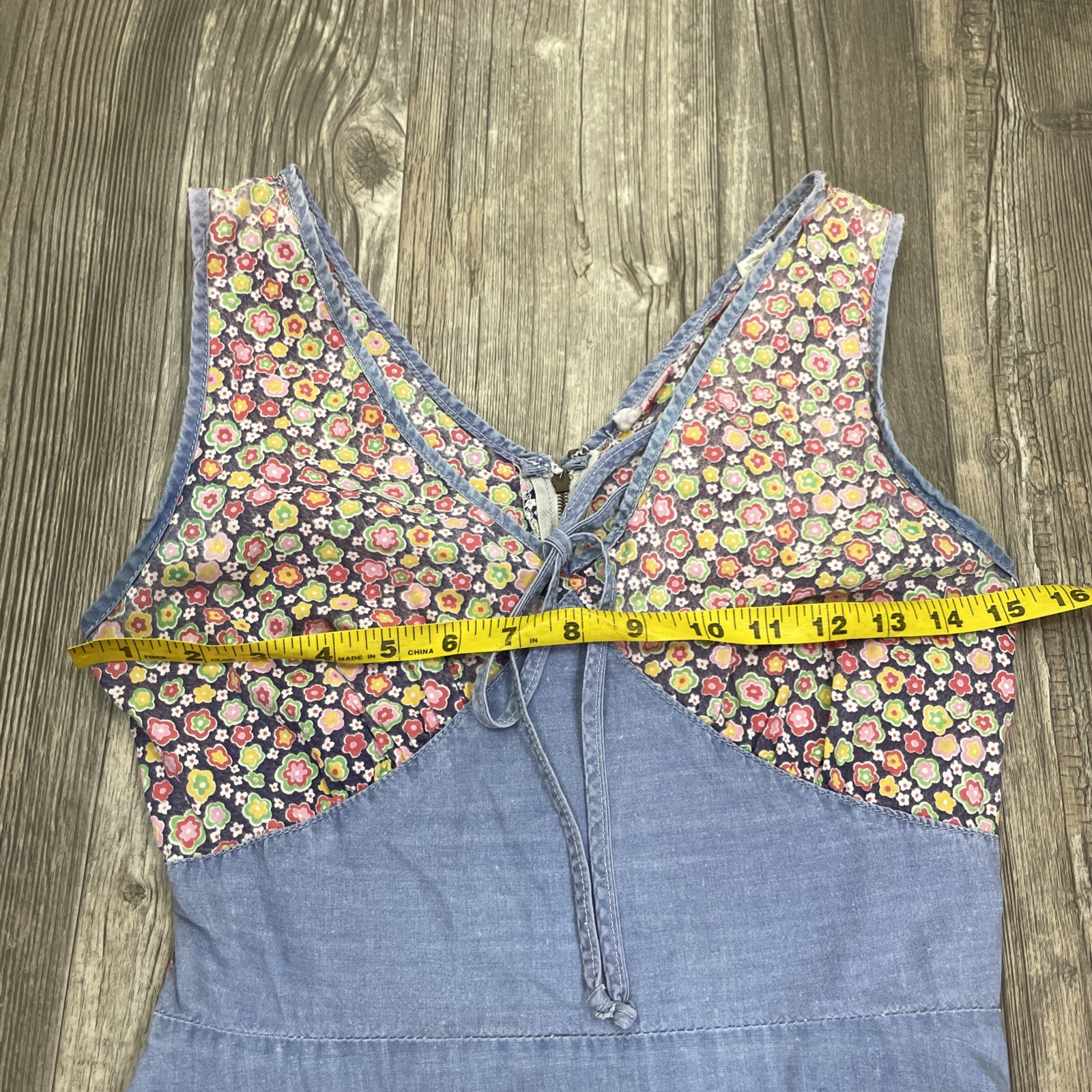 Vtg Prairie Cottagecore Chambray Calico Dress Size XS Cotton