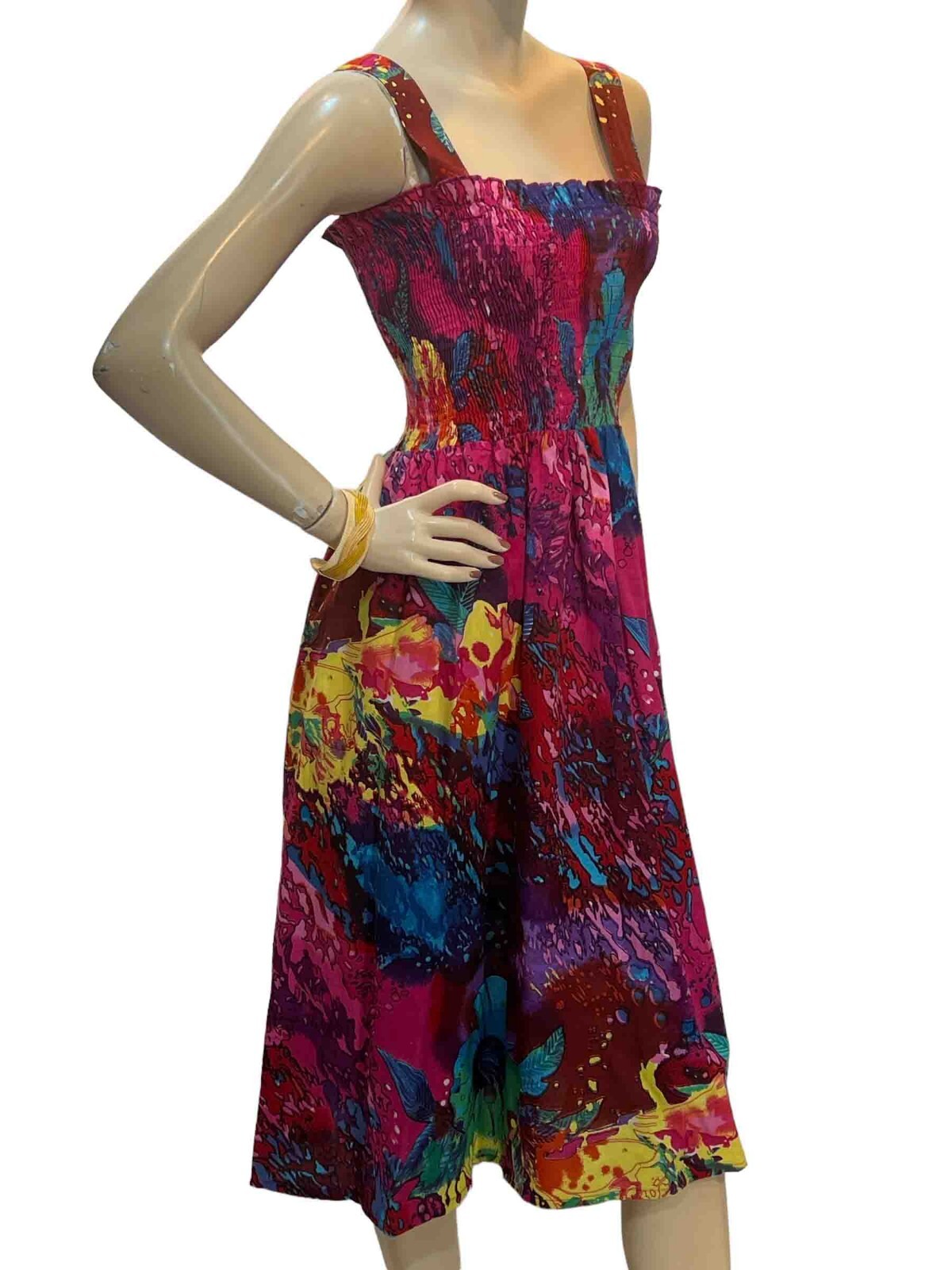 Sz S Vtg 80s India Cotton Sun Dress Smocked Hawaiian Floral Beach Metropolitan