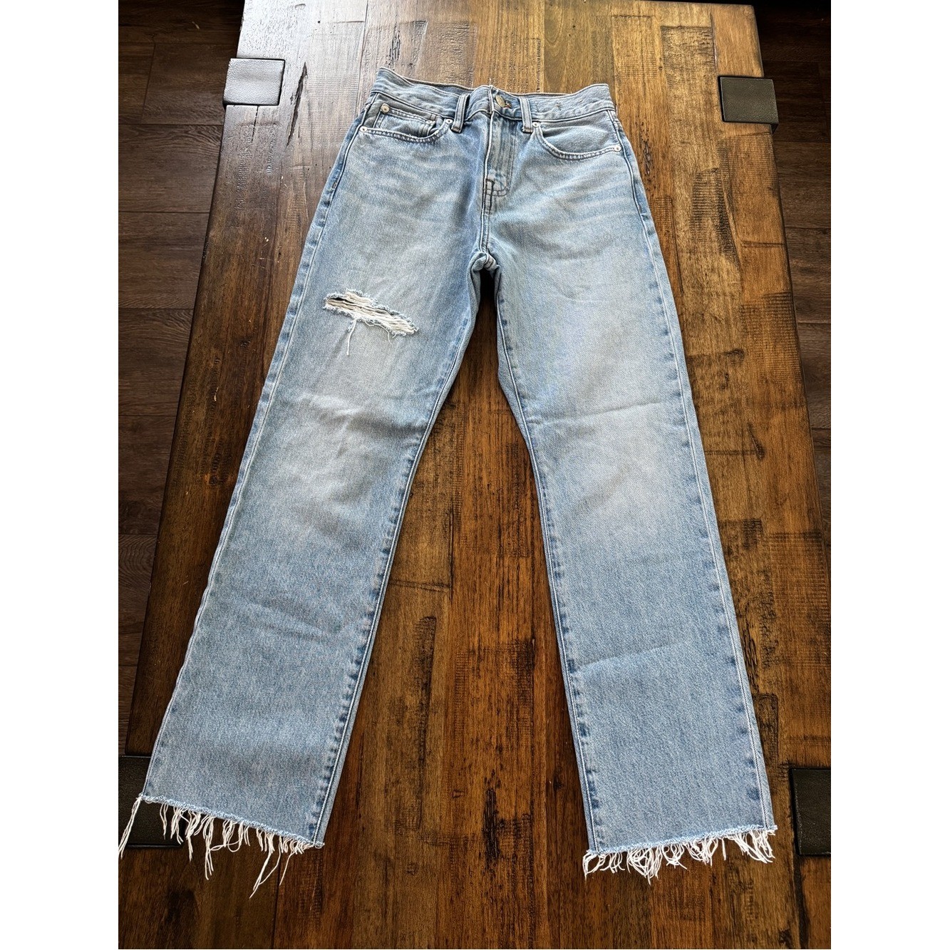 Madewell Petite ’90s Straight Jeans Revoir Wash High Rise Raw Hem 24P Rigid