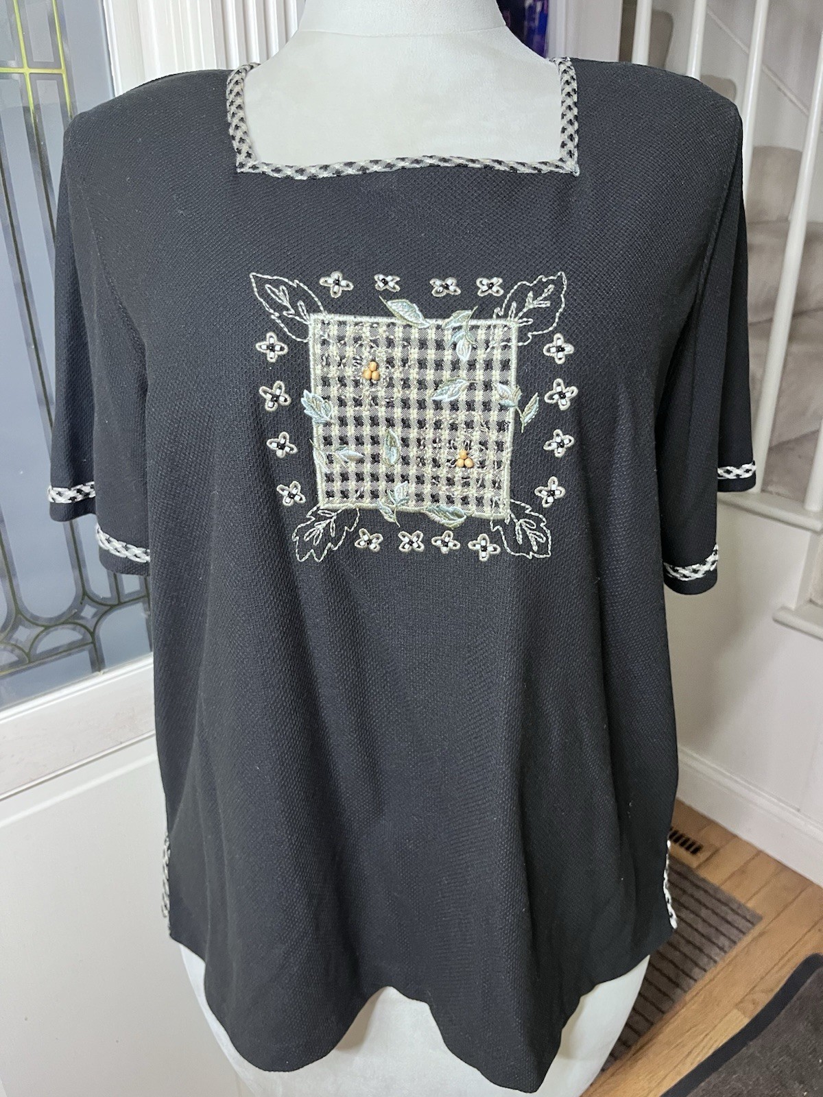 Koret City Blues Vintage 1X Black Embroidered Textured Square Neck Top Beaded