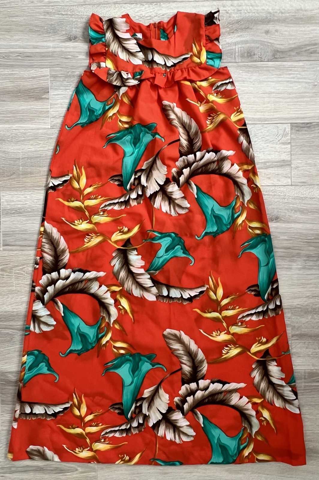 Vintage HALE O’LIKA Orange Hawaiian Maxi Dress Ruffle M Floral Vacation Resorts