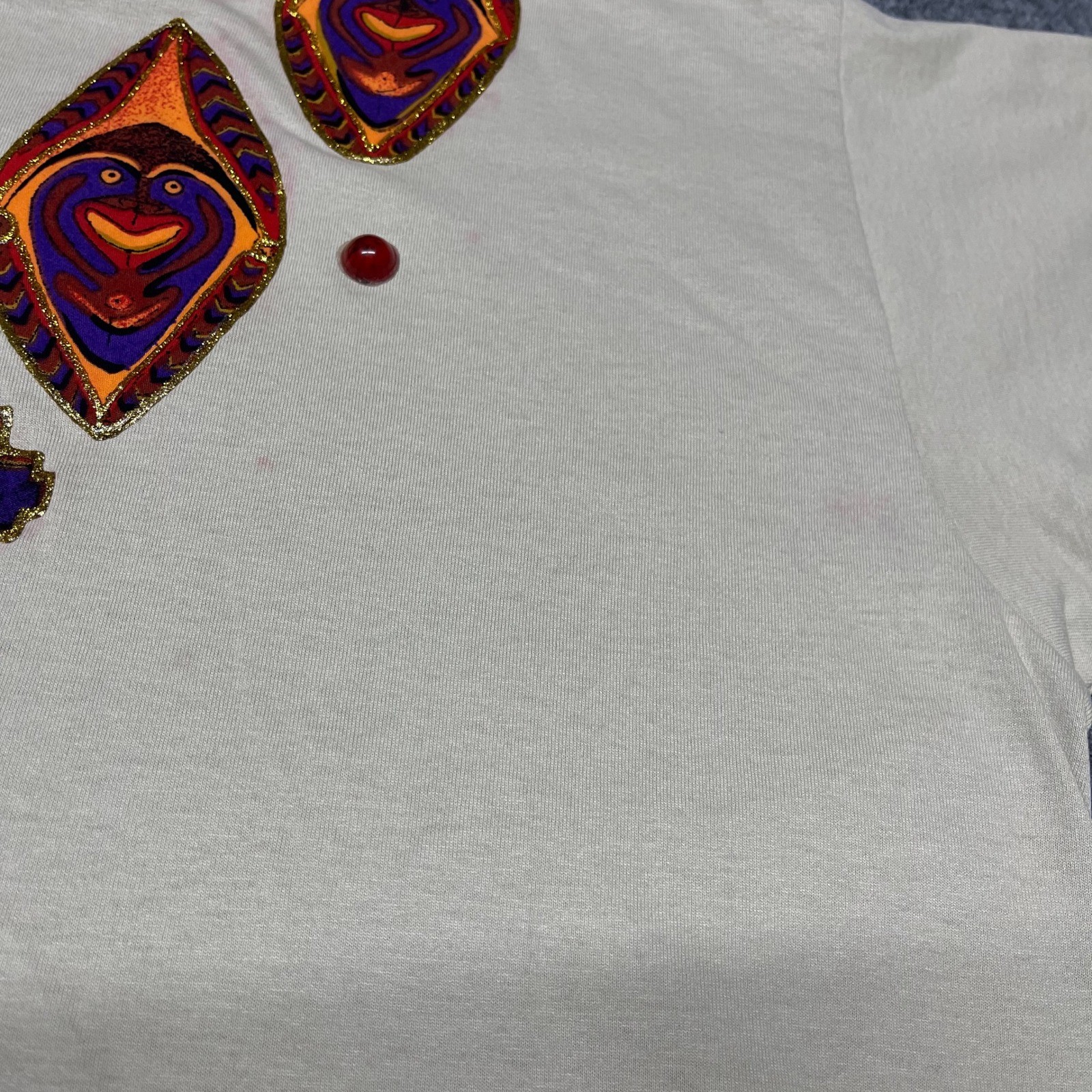 VTG FOTL T-Shirt Womens Tan Indigenous Tribal Mask Embellished XXL Made in USA