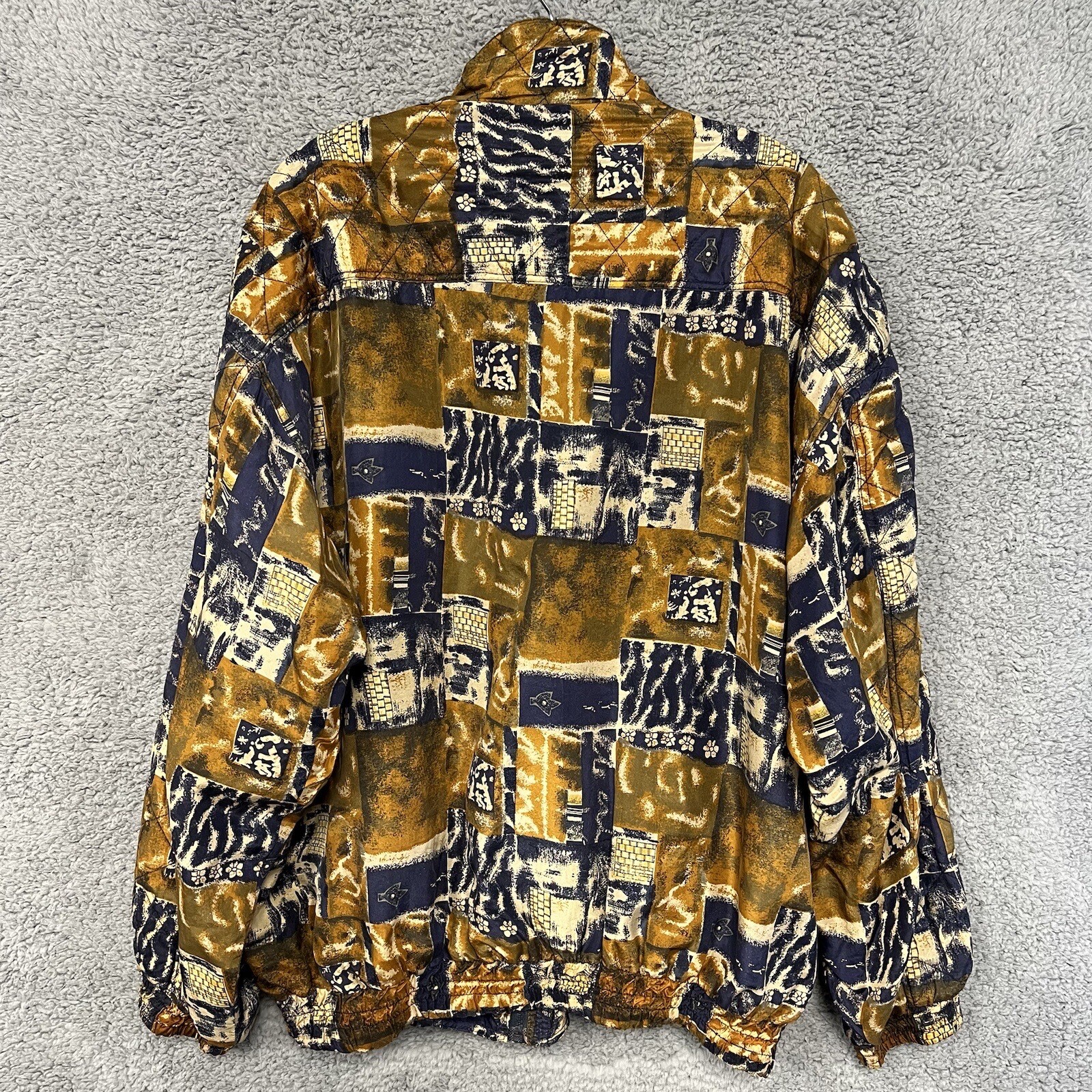 VTG 80s Nouveau Monde Jacket Size XL 100% Silk Bomber Pocket Zip Abstract Print