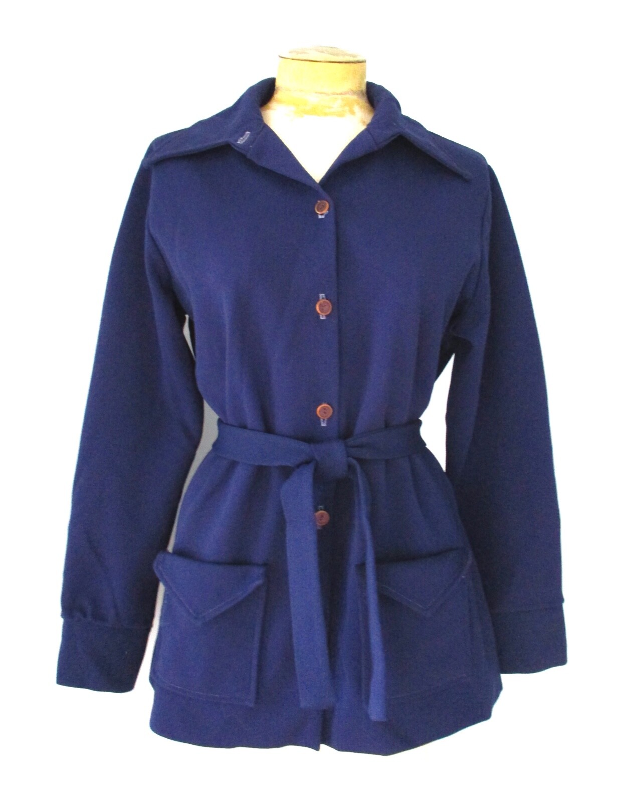 Vtg 70s Blue Textured Poly Knit Button Blouse Top Tie Belt Pockets Dagger Clr 18