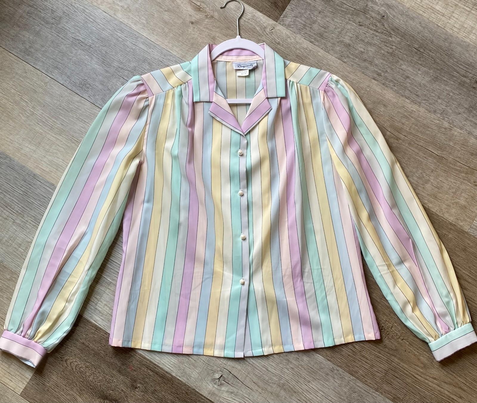 Vintage Rhapsody 70s 80s Pastel Candy Stripe Pearl Button Retro Blouse 38