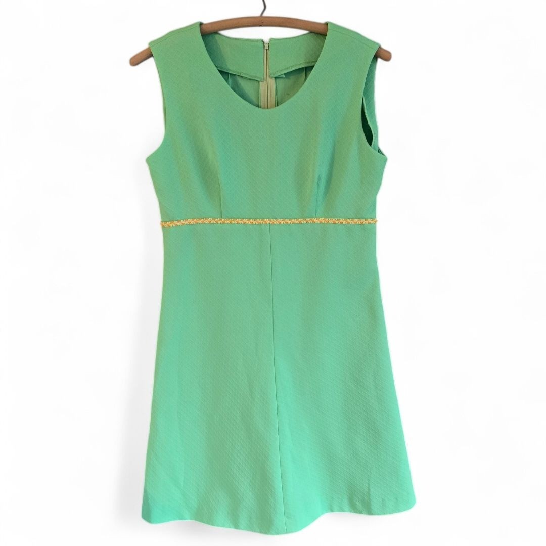 Vintage 1960s 1970s Handmade Green A-Line Dress Sleeveless Textured Fabric