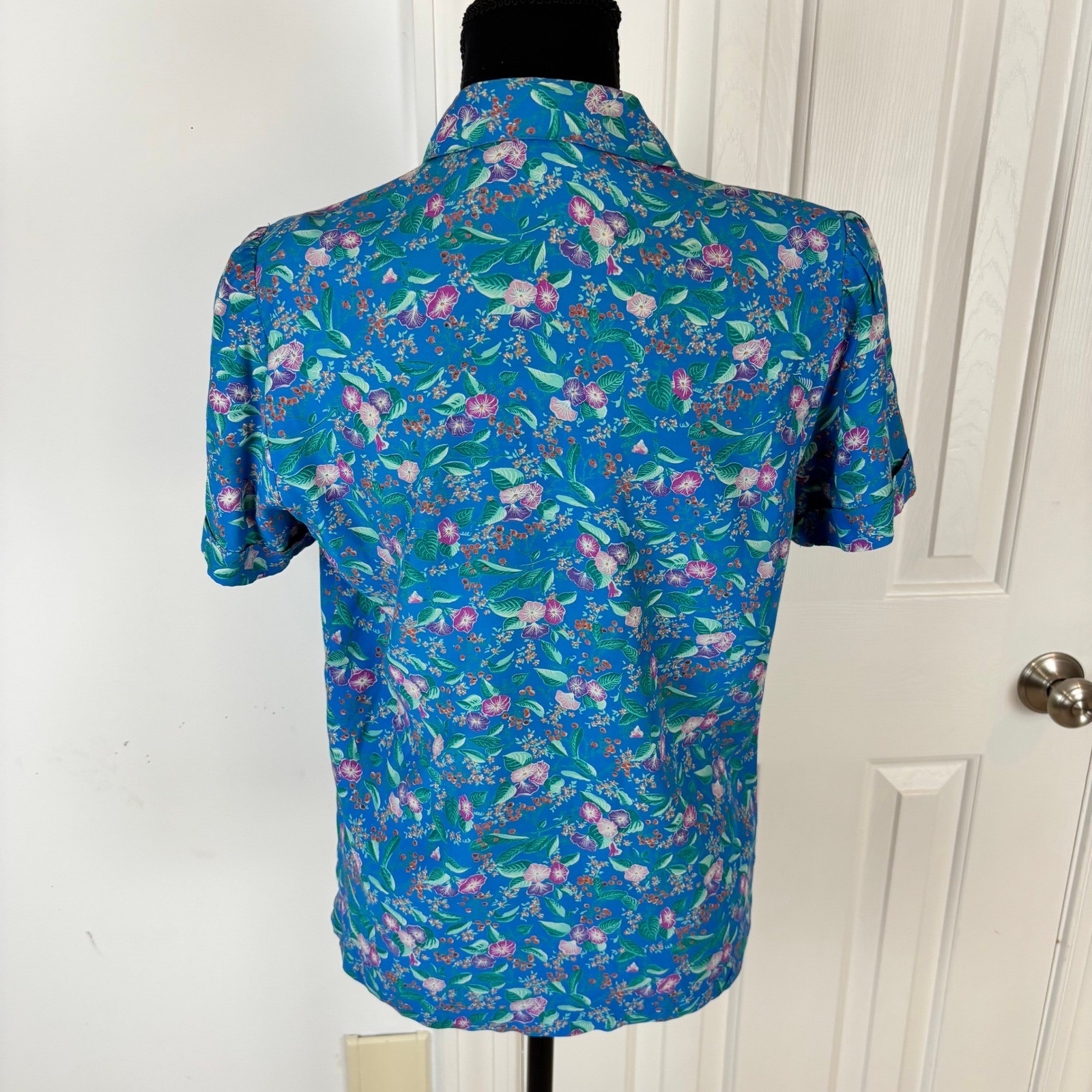 Belle France Jane Schaffhausen Vintage Blue Floral Button Up Blouse Womens 8