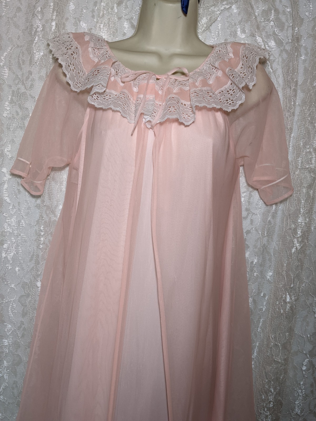 Vintage Pink Nightgown White Lace Chiffon Peignoir Robe Set M