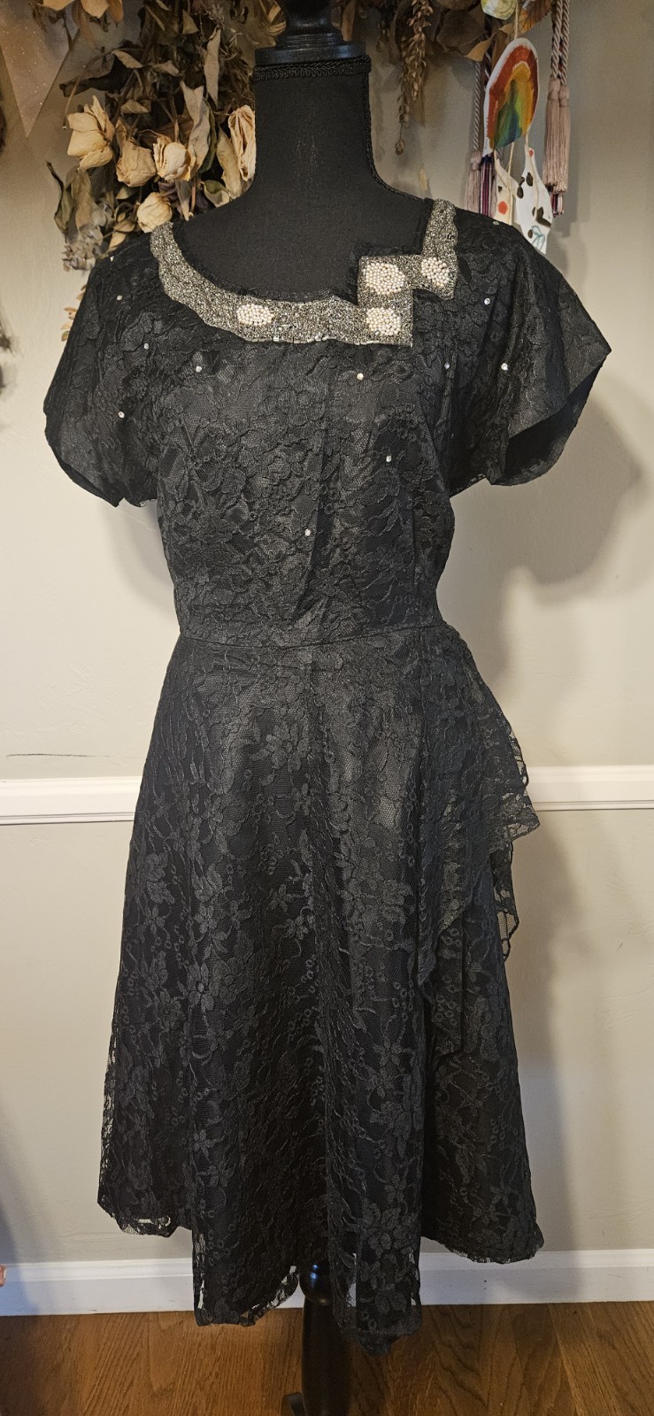 Vintage 1940s Black Lace Party Dress With Heavy Beading On Neckline