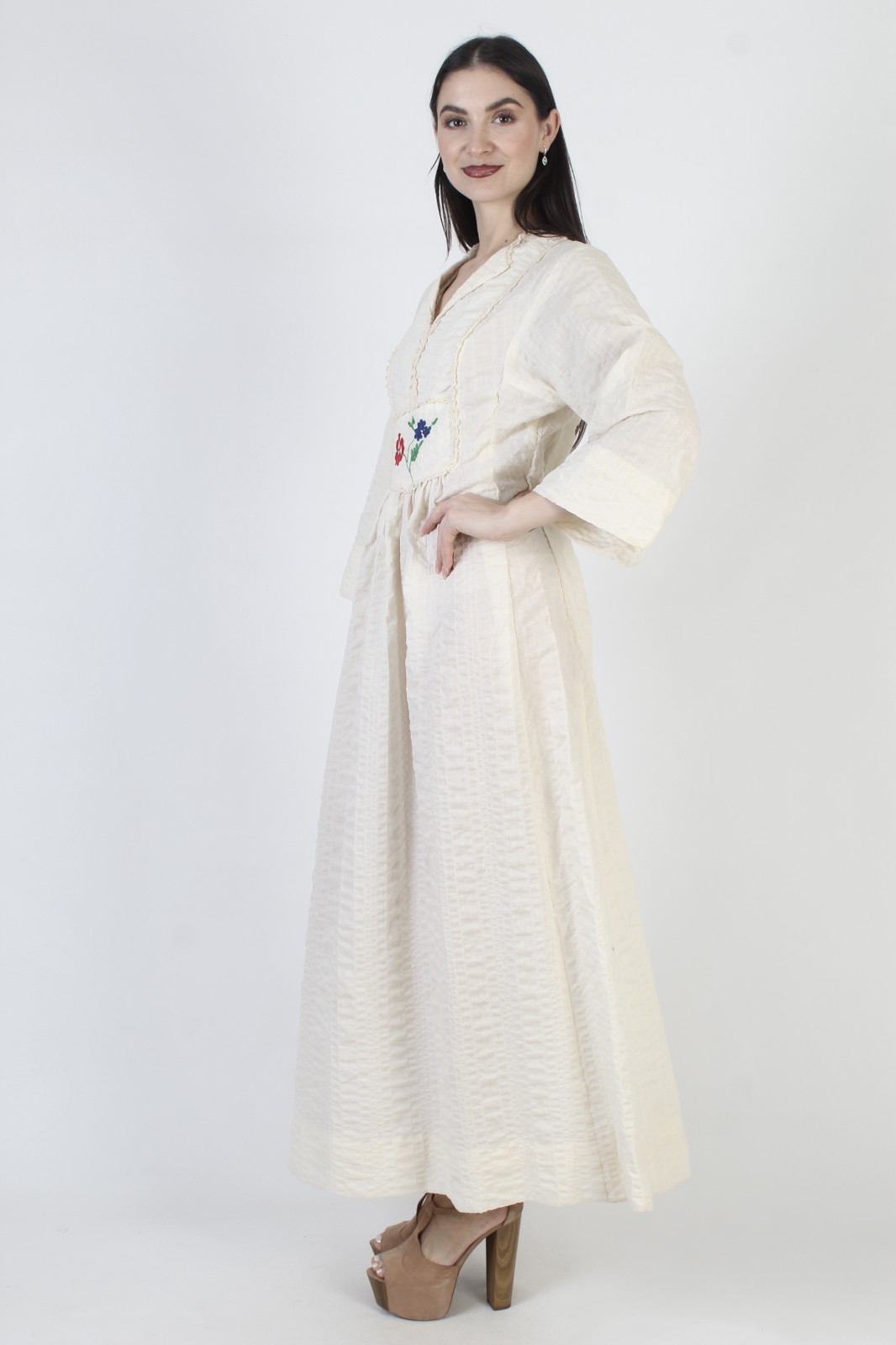 Vtg 70s Cream Seersucker Prairie Dress Bell Slv Peasant Boho Wedding Maxi Gown