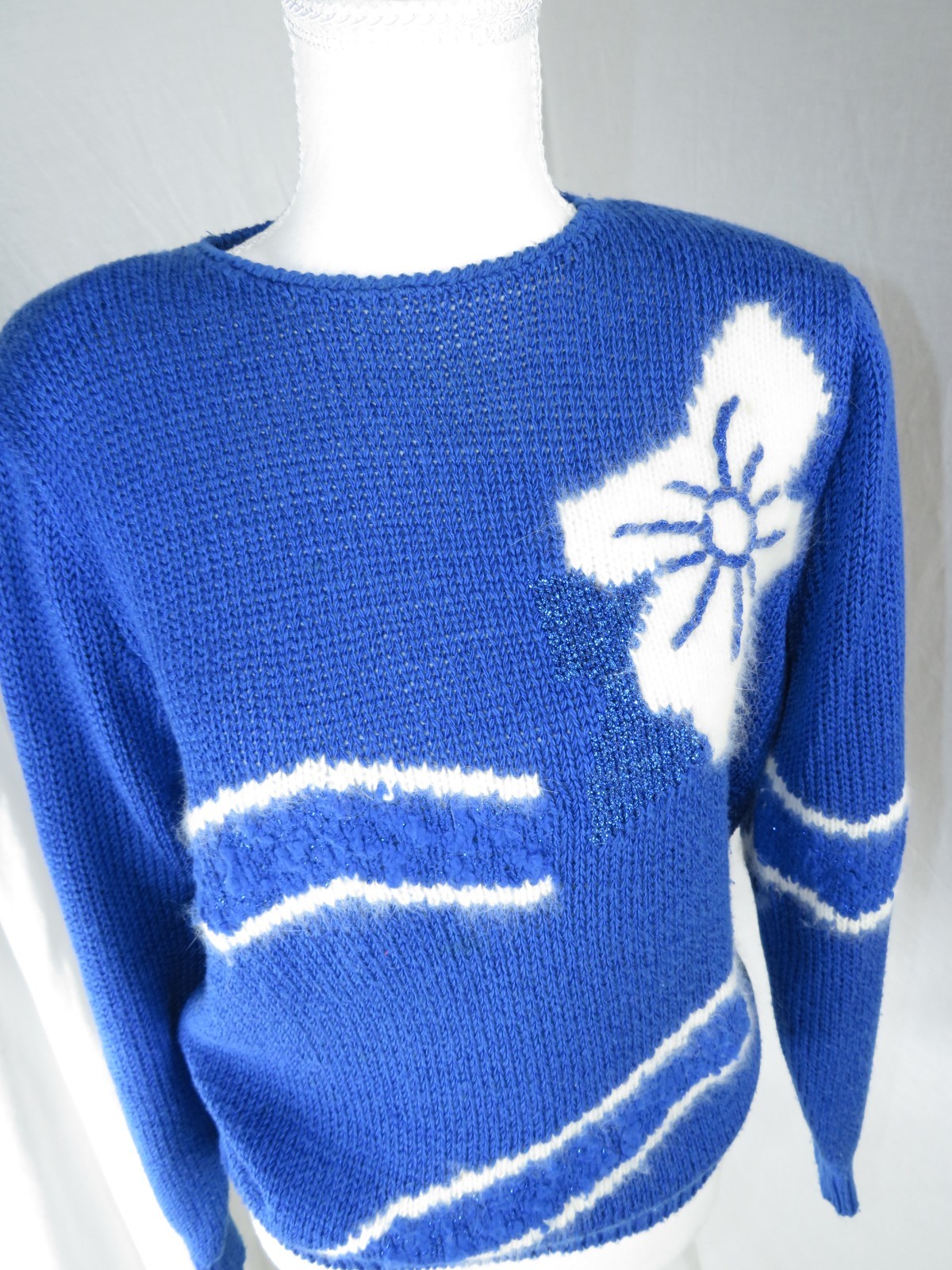 Authentic Vintage Clarissa Bellini Angora‑Blend Blue Knit Sweater w/White Floral