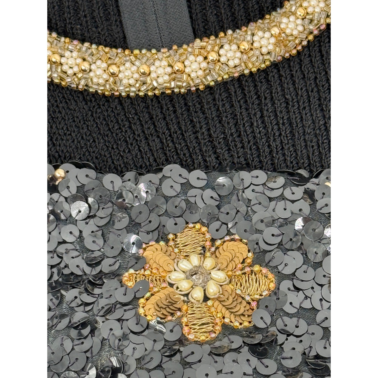 Pat Sandler Wellmore Vintage Wool Dress Black Gold Sequin Floral Beaded Sz 14